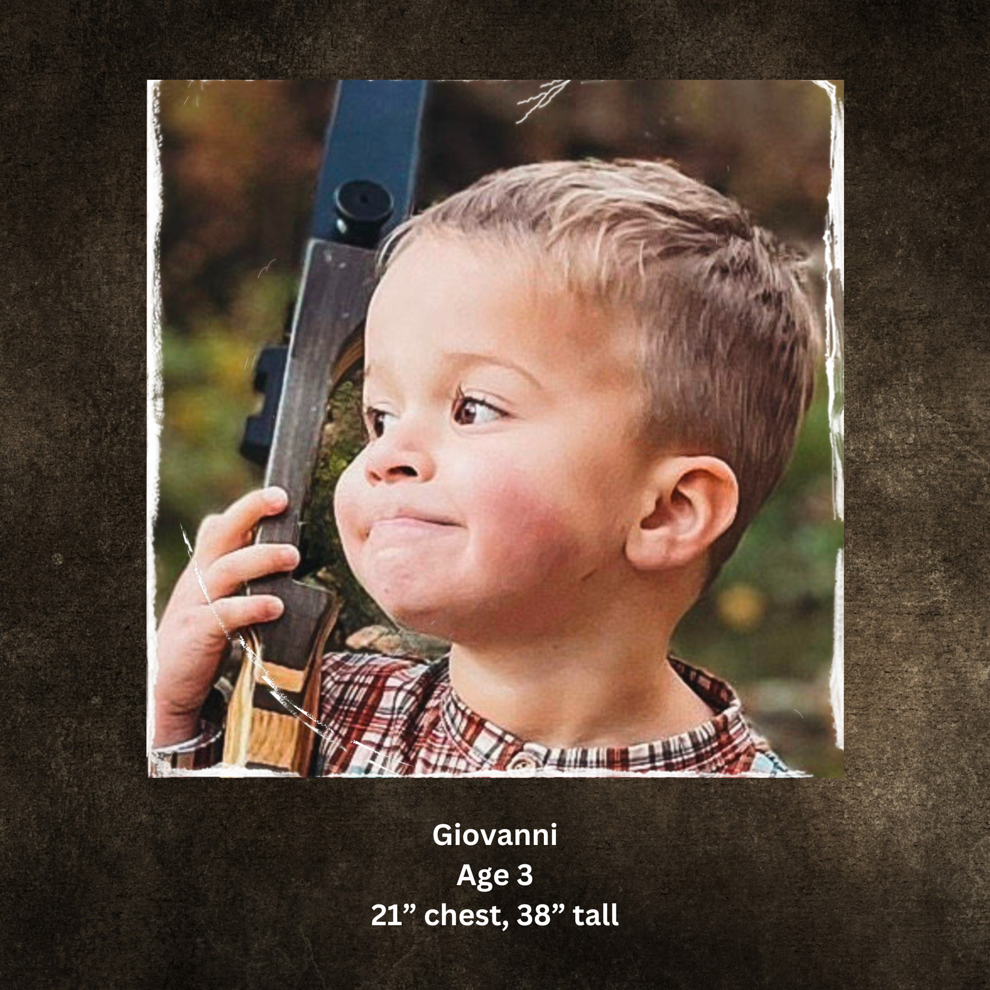 Child holding a bow and arrow with text indicating name and measurements.