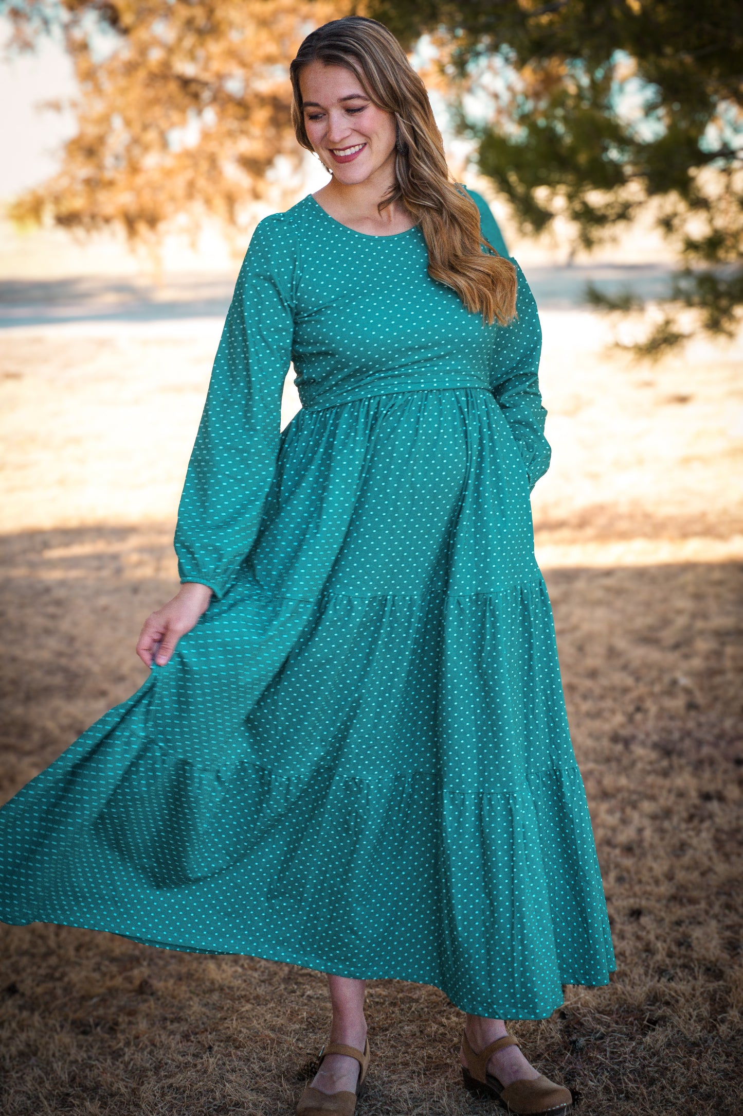 woman wearing modest nursing dress