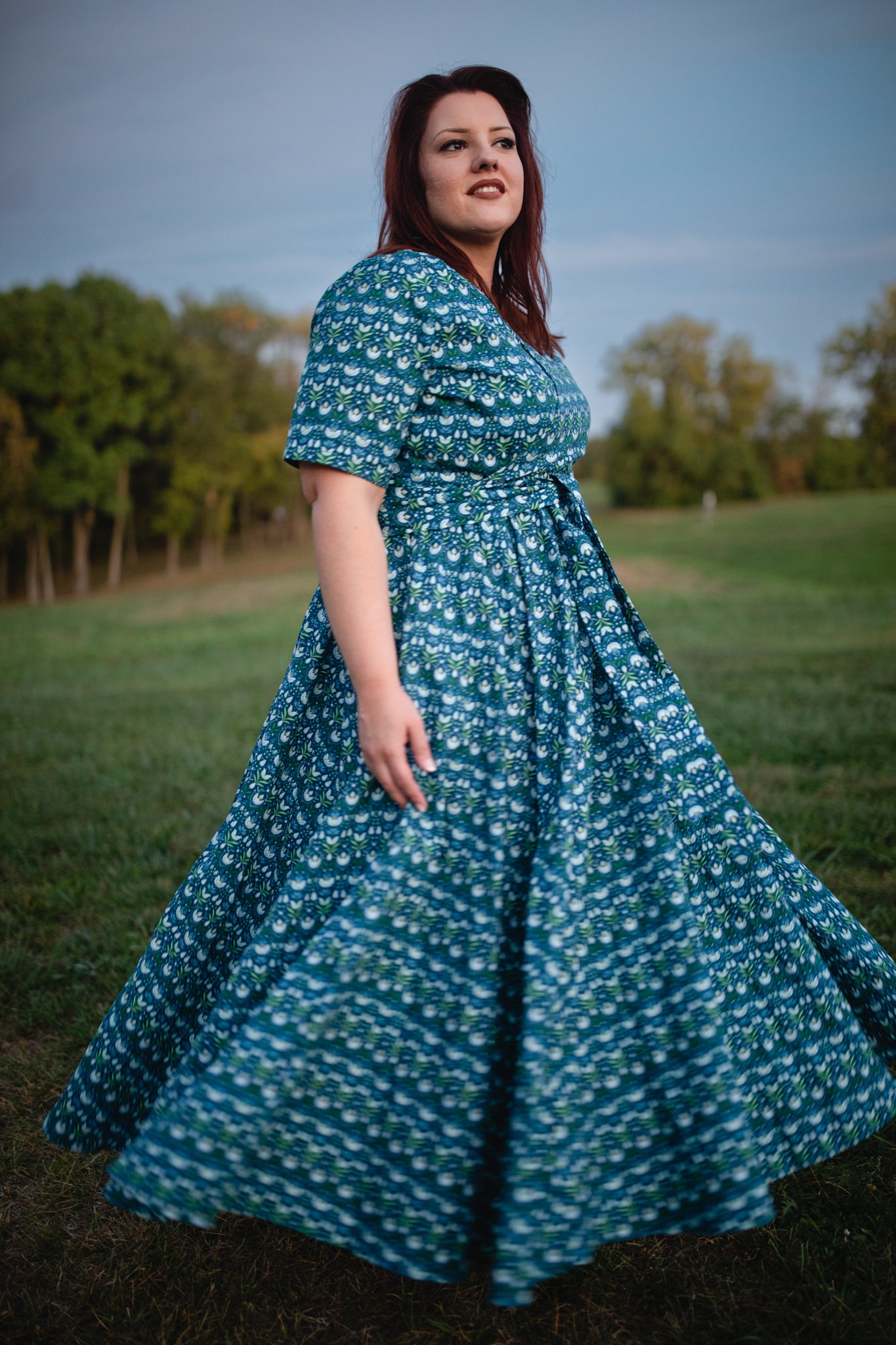 Woman in modest nursing dress outdoors
