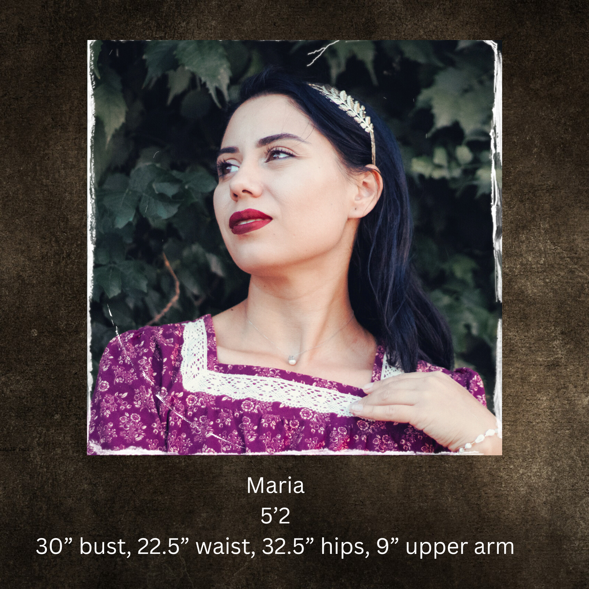 Woman in purple top, model measurements