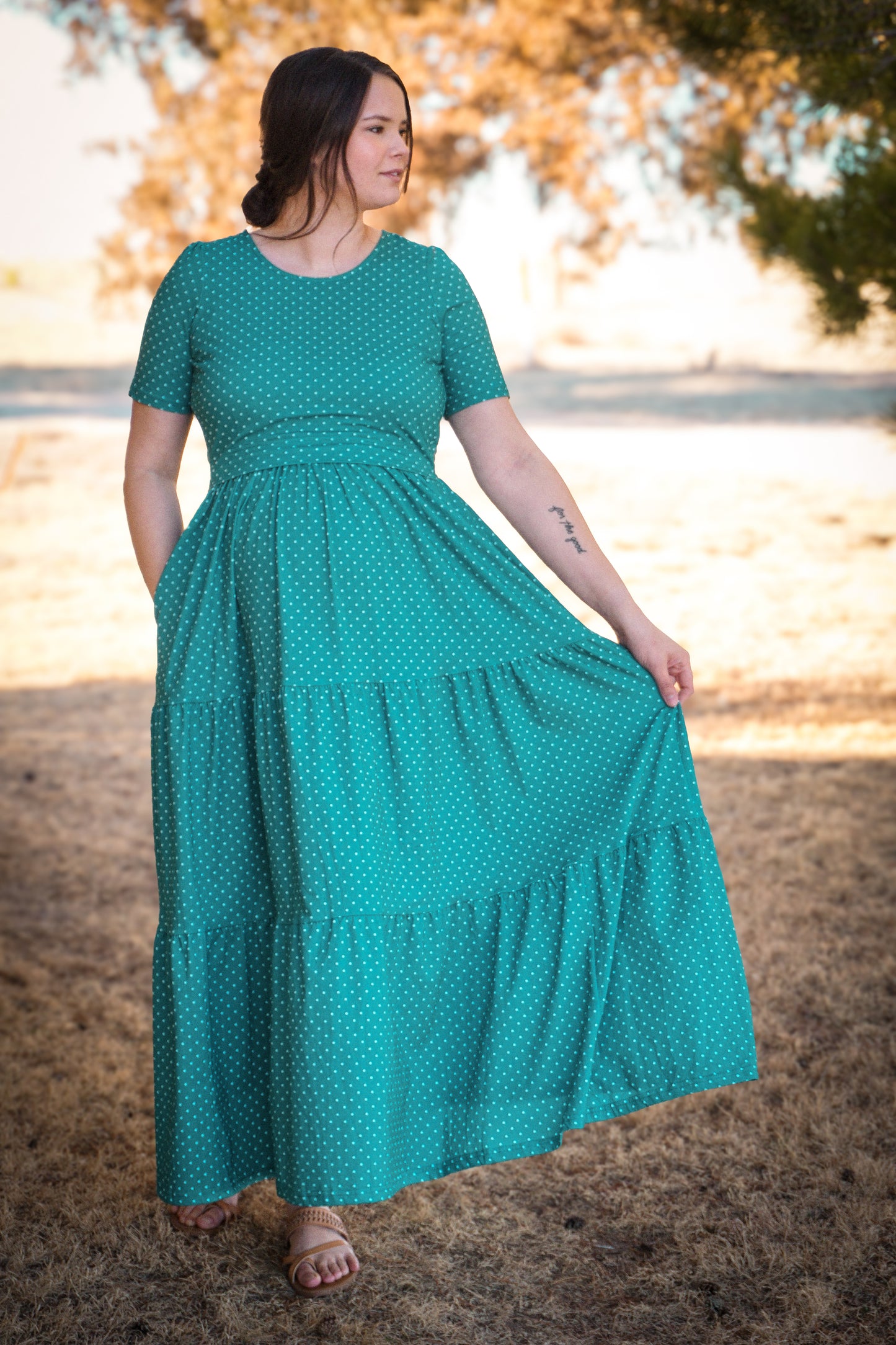 woman wearing modest nursing dress