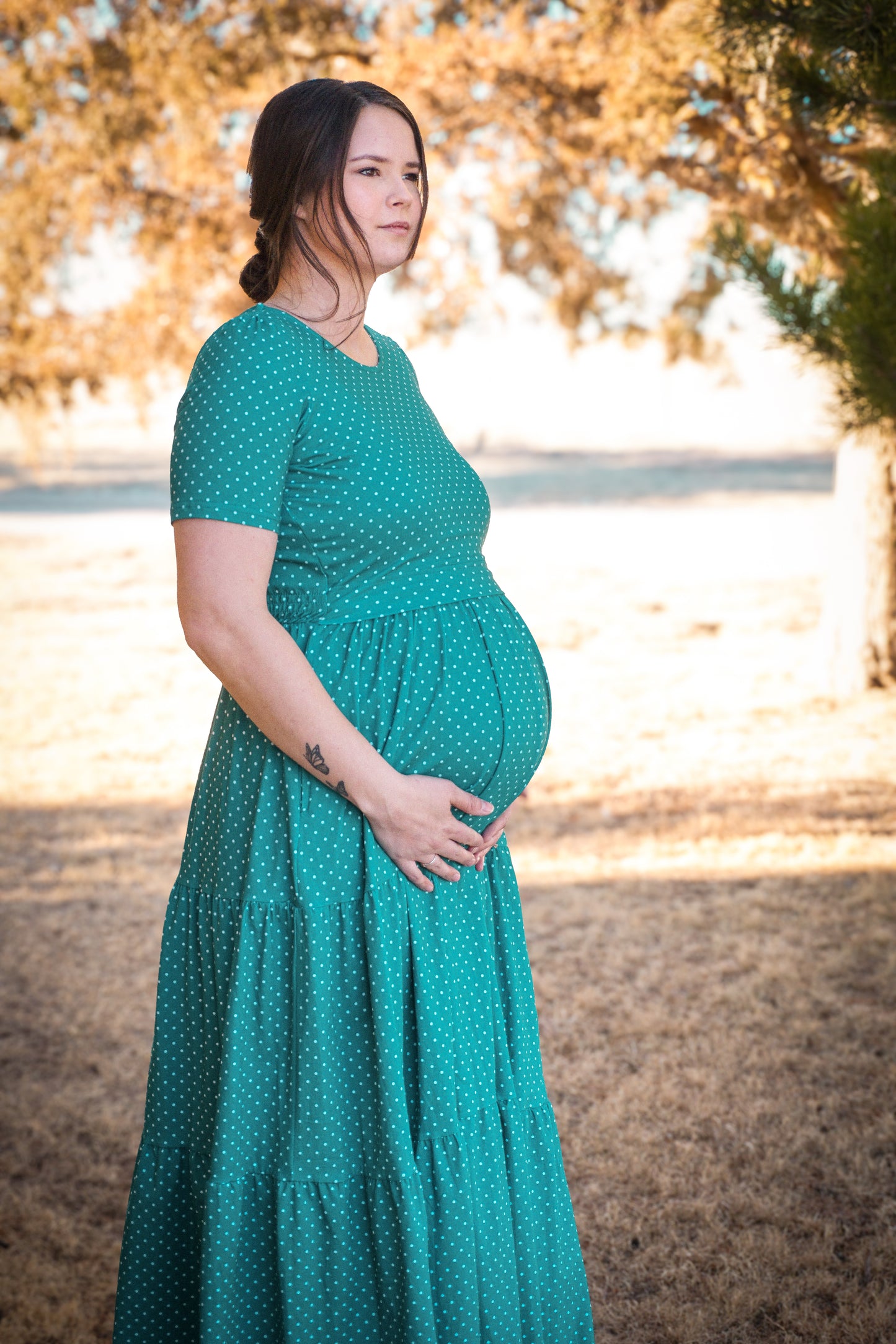 woman wearing modest nursing dress