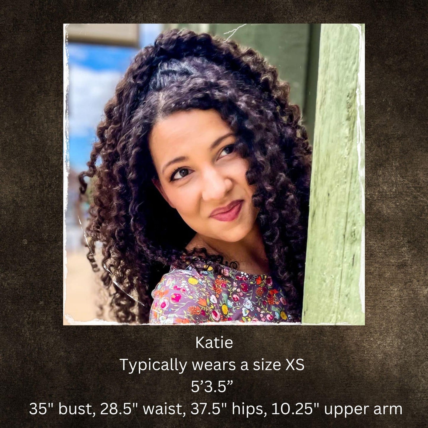 Woman with curly hair peeking from behind a wooden post, with text about her measurements wearing a modest nursing dress