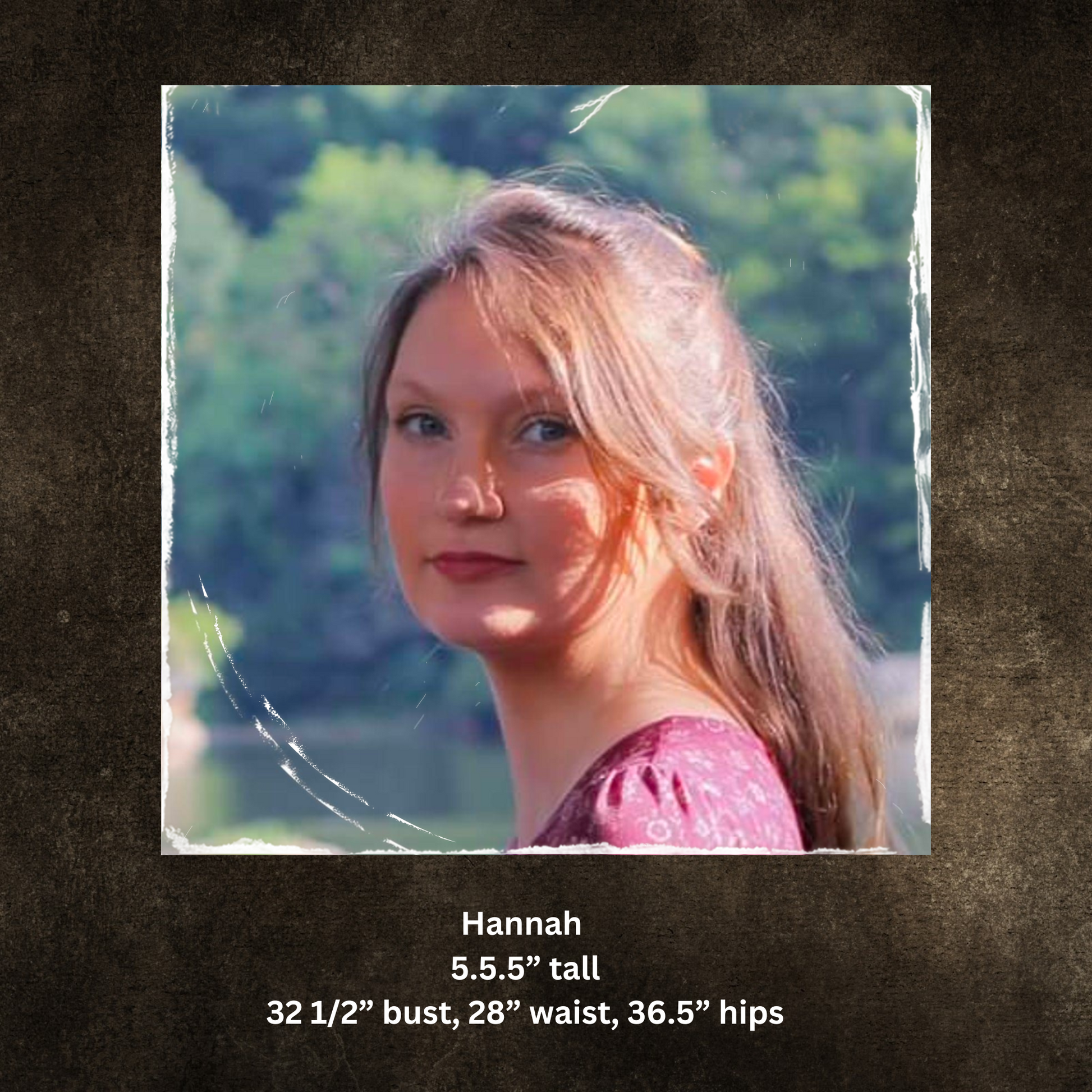 Vintage-style portrait of a woman with text about her measurements on a dark border