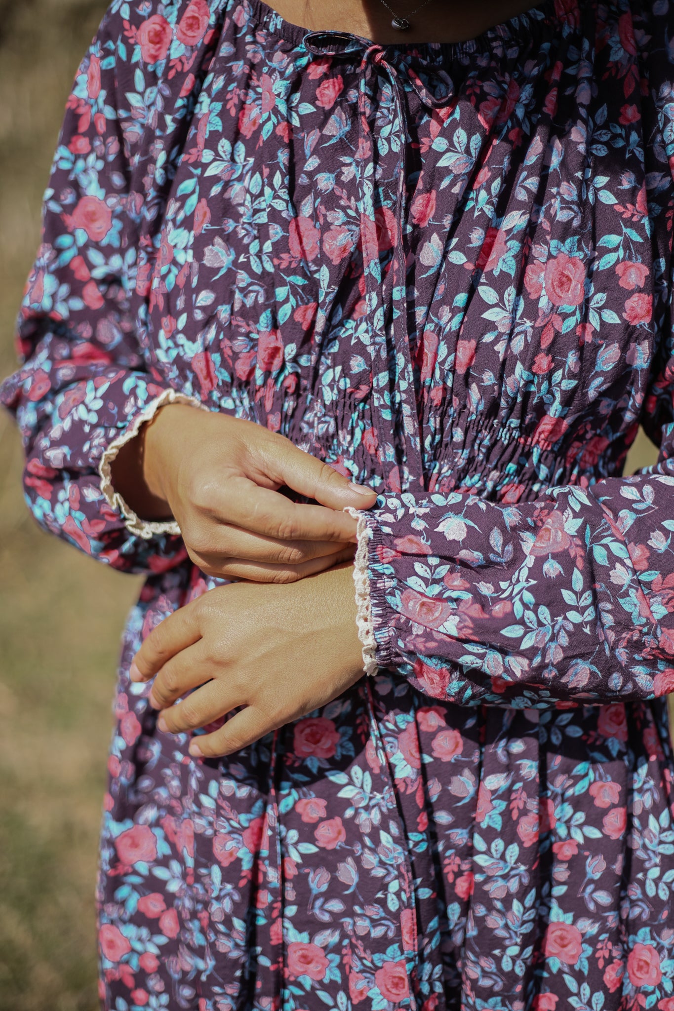 Modest nursing floral dress close-up detail