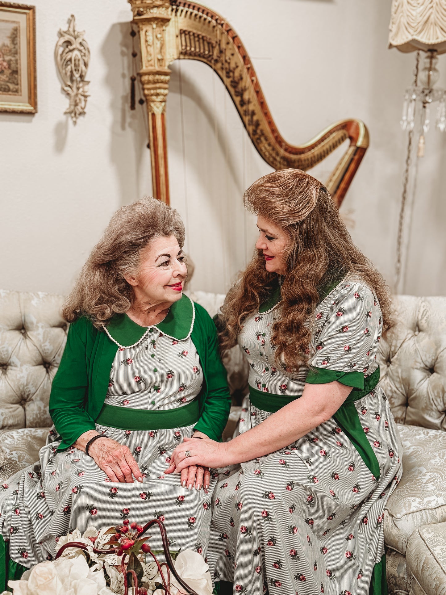 women wearing green and white striped modest nursing dresses