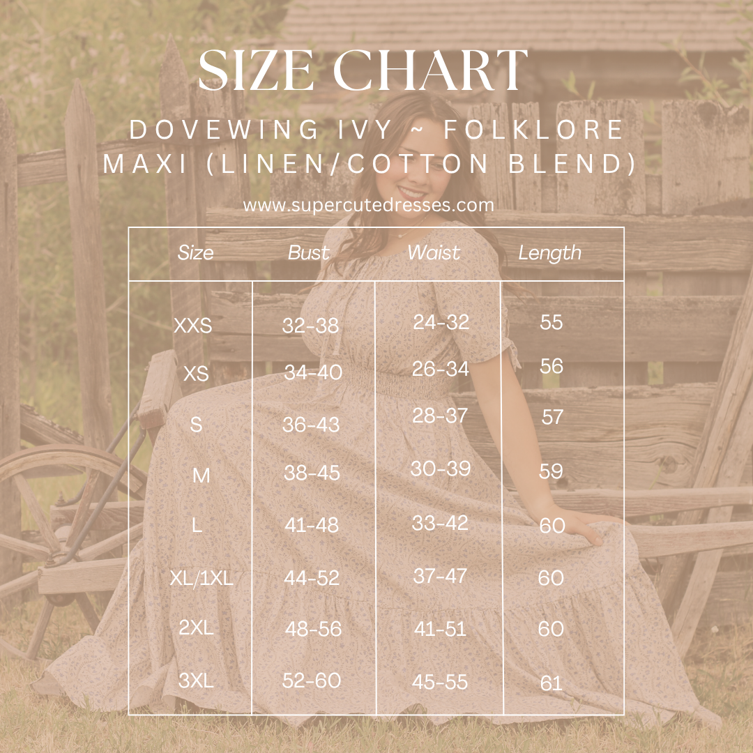 Size chart for a 'Folklore Maxi' dress with a woman sitting outdoors, overlaid on a sepia-toned background.