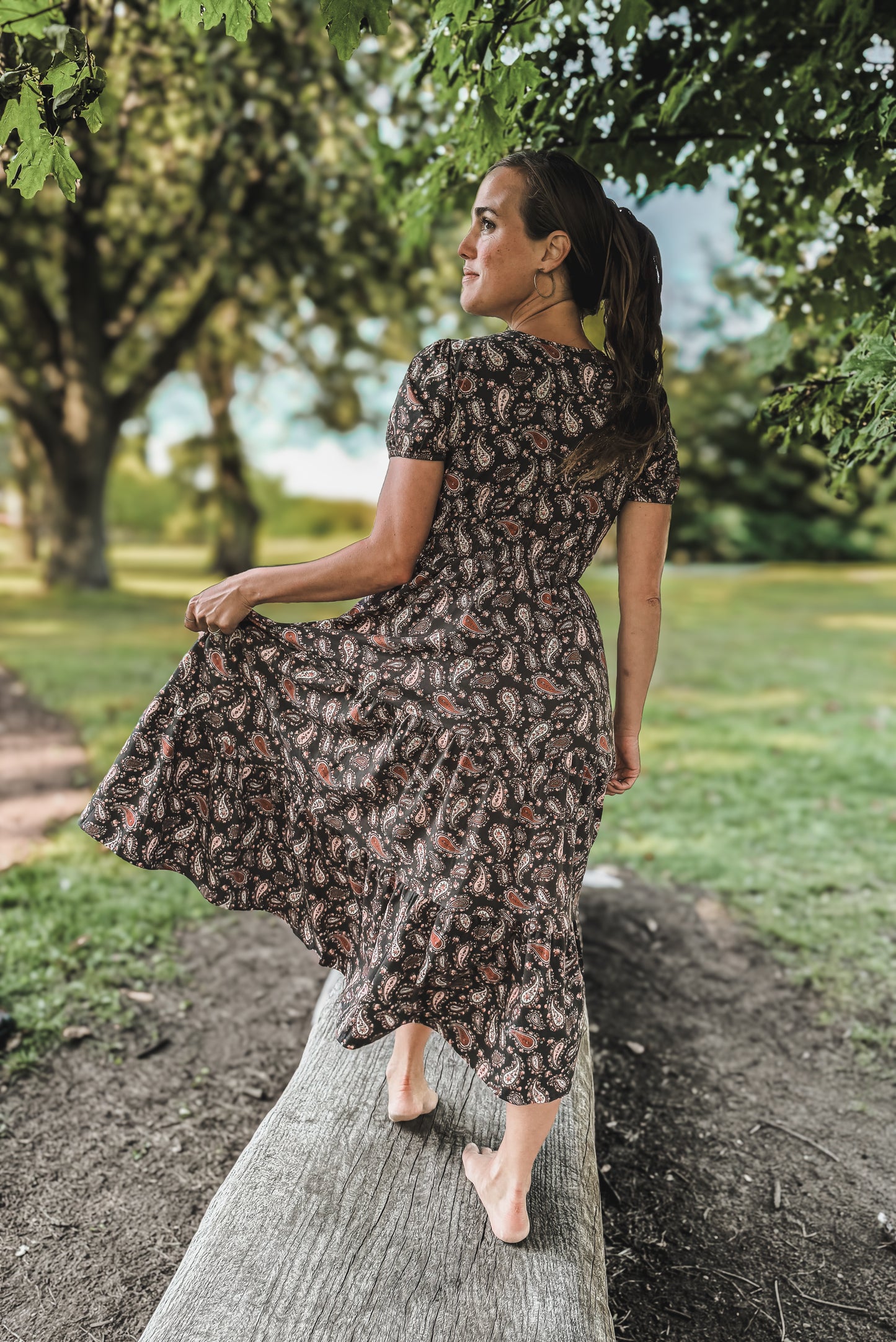 woman wearing a modest nursing floral dress