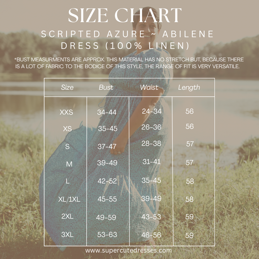 Size chart for a Scripted Azure Abilene dress with a blurred background of a person wearing the dress.
