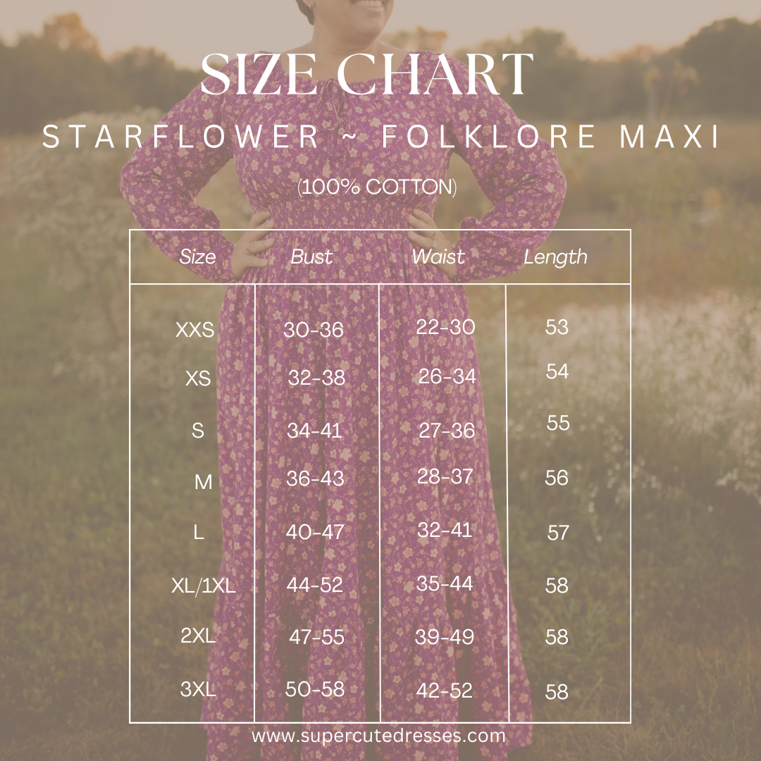 Size chart for modest nursing dress