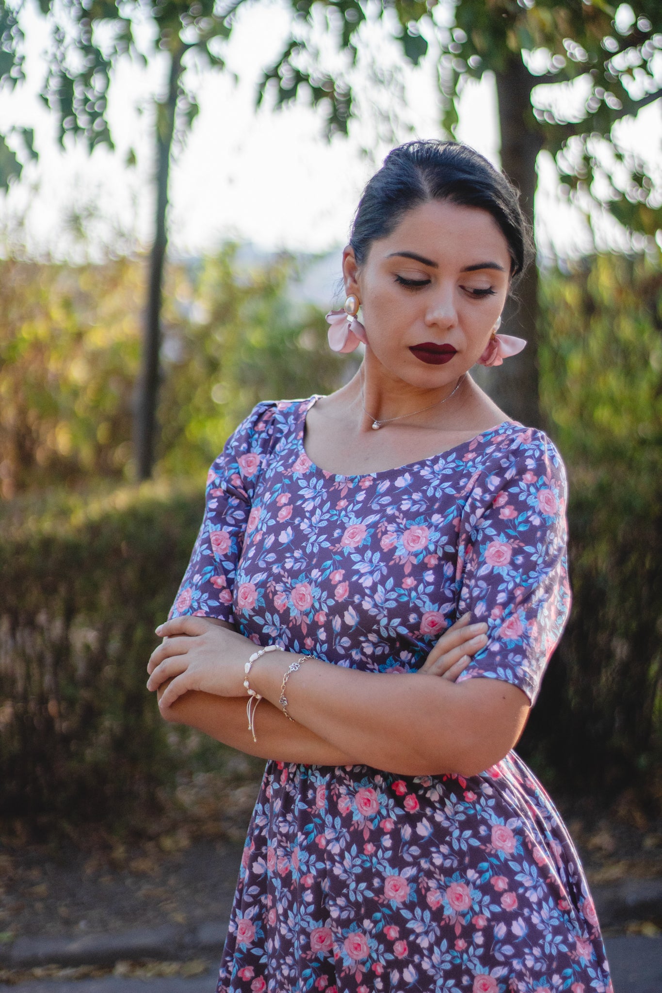 woman wearing a modest nursing floral dress