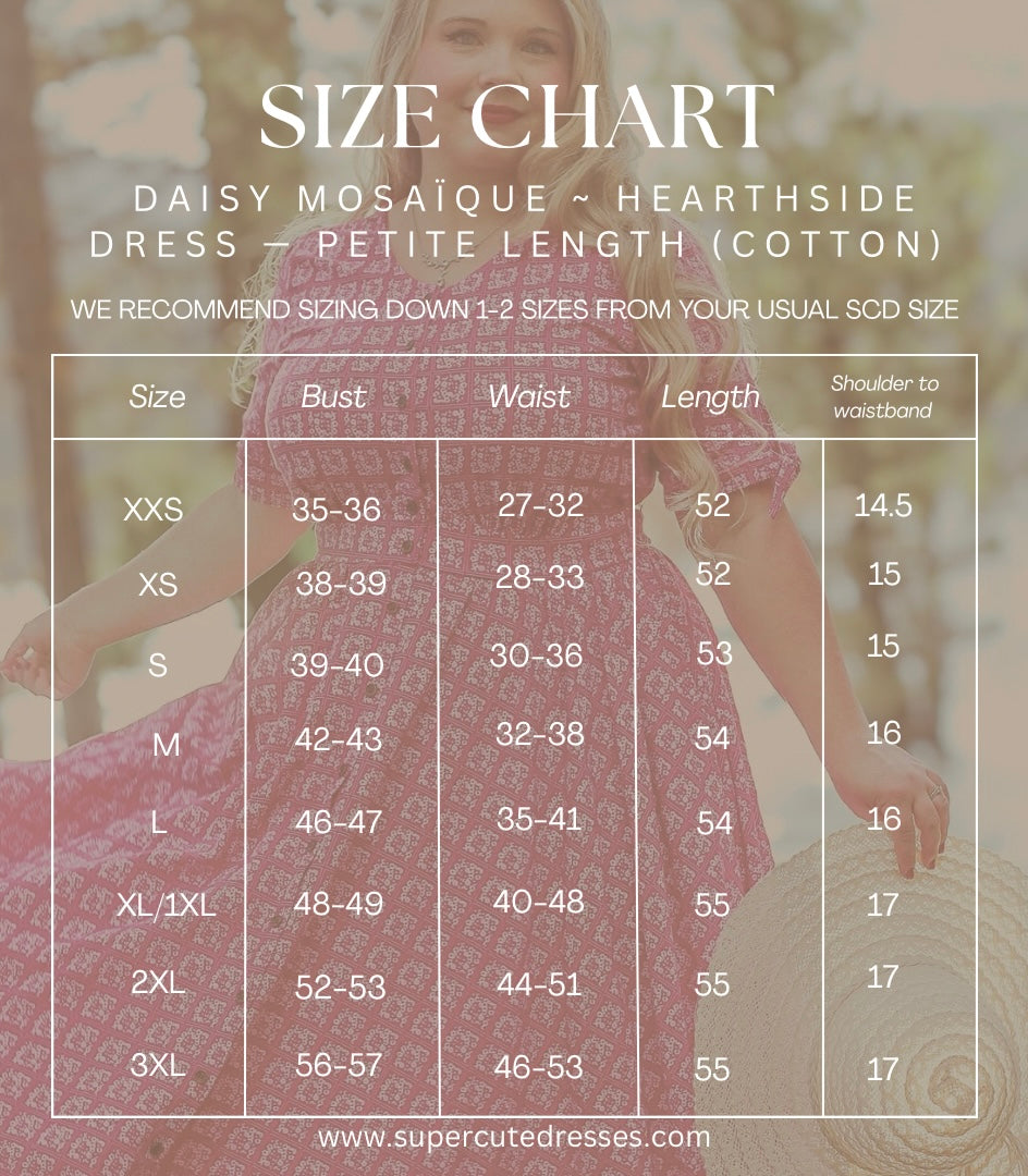 Size chart for Daisy Mosaèque Hearthside modest nursing dress with a blurred background