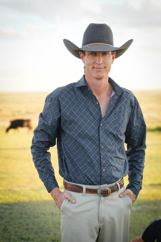 Man in plaid shirt and cowboy hat