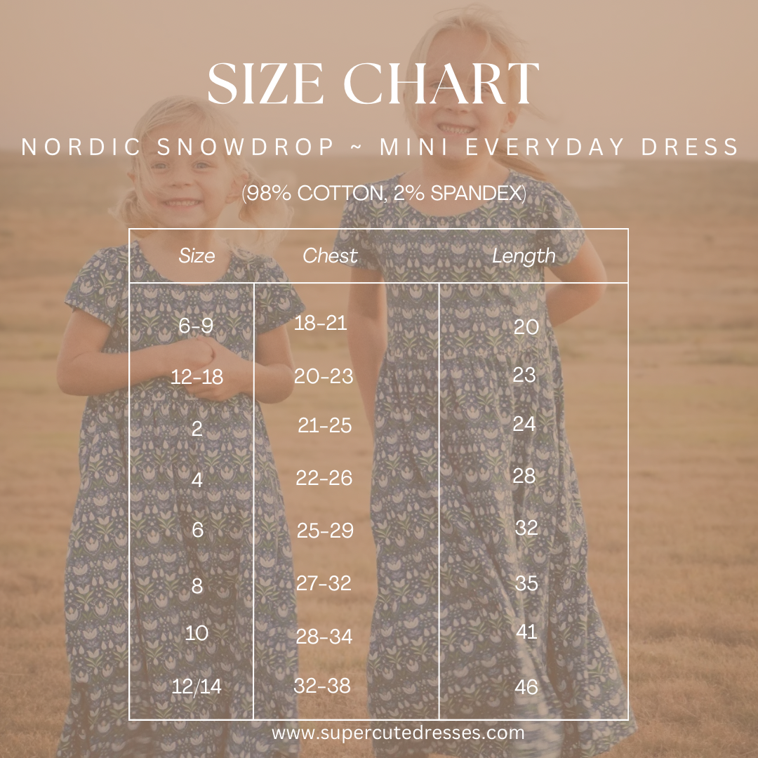 Size chart with two children in Nordic Snowdrop dresses