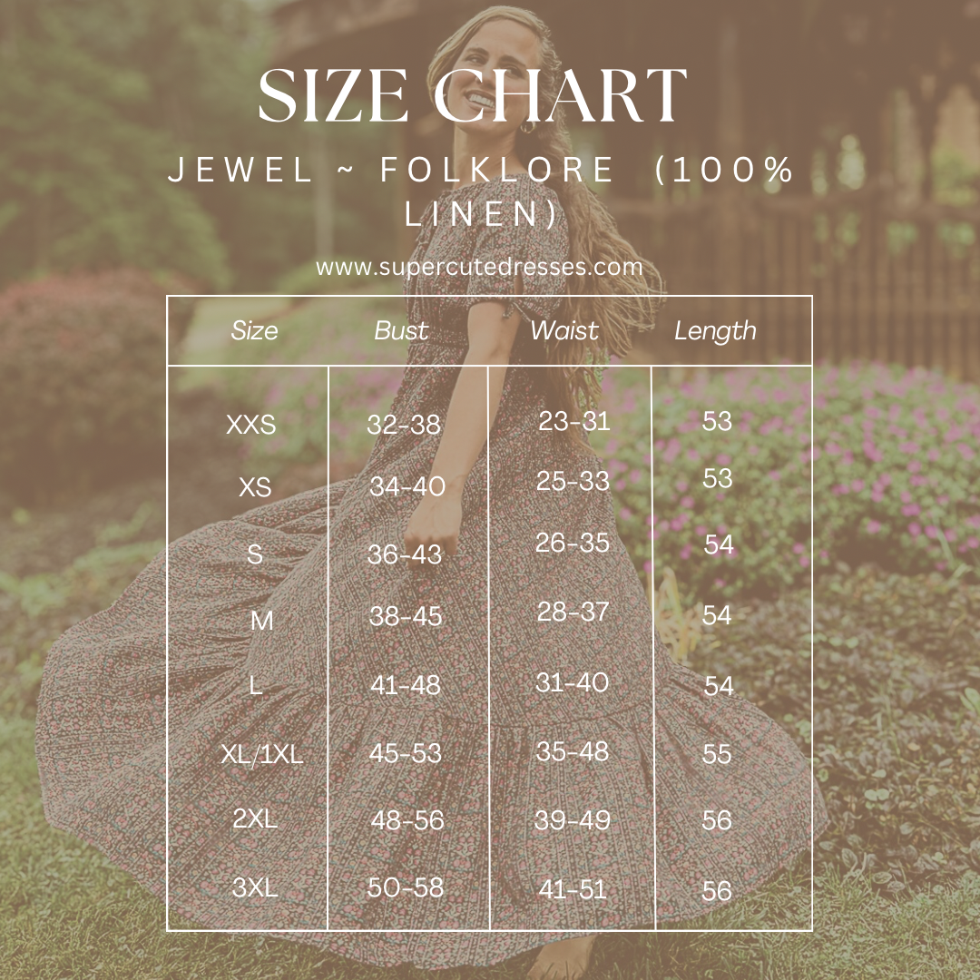 Size chart for 'Jewel Folklore' linen dress with a model wearing the dress in a garden setting.