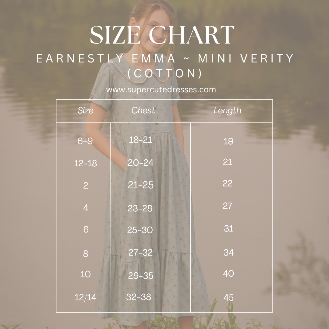 Size chart for a dress with a blurred background of a woman wearing the dress.