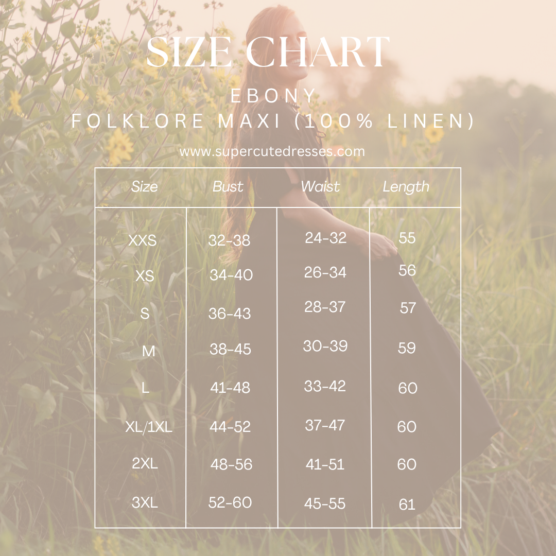Size chart for 'Ebony Folklore Maxi' dress with a blurred background of a person in a dress.
