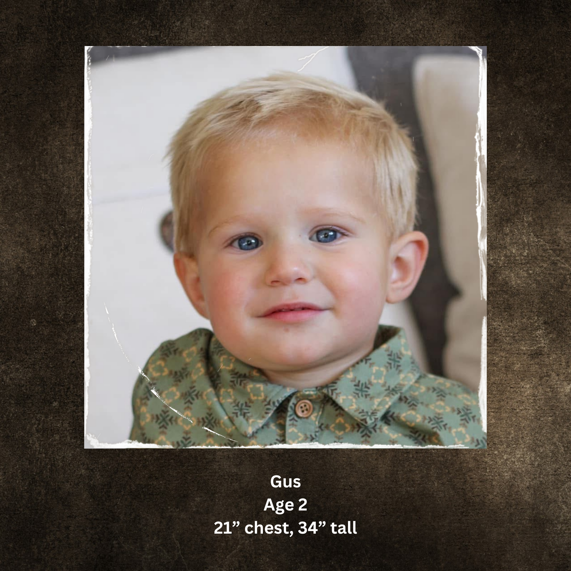Young child in a patterned shirt with text indicating age and dimensions.