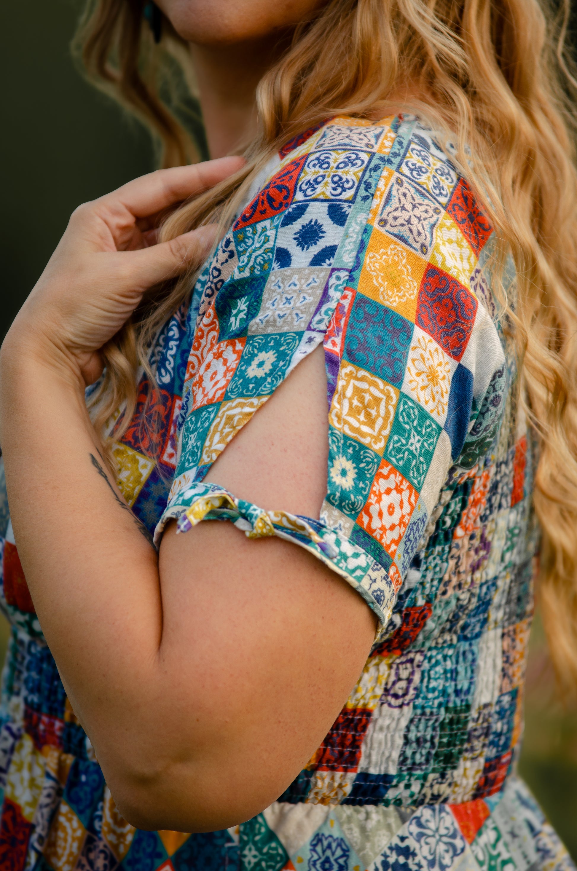 Colorful patterned modest nursing dress