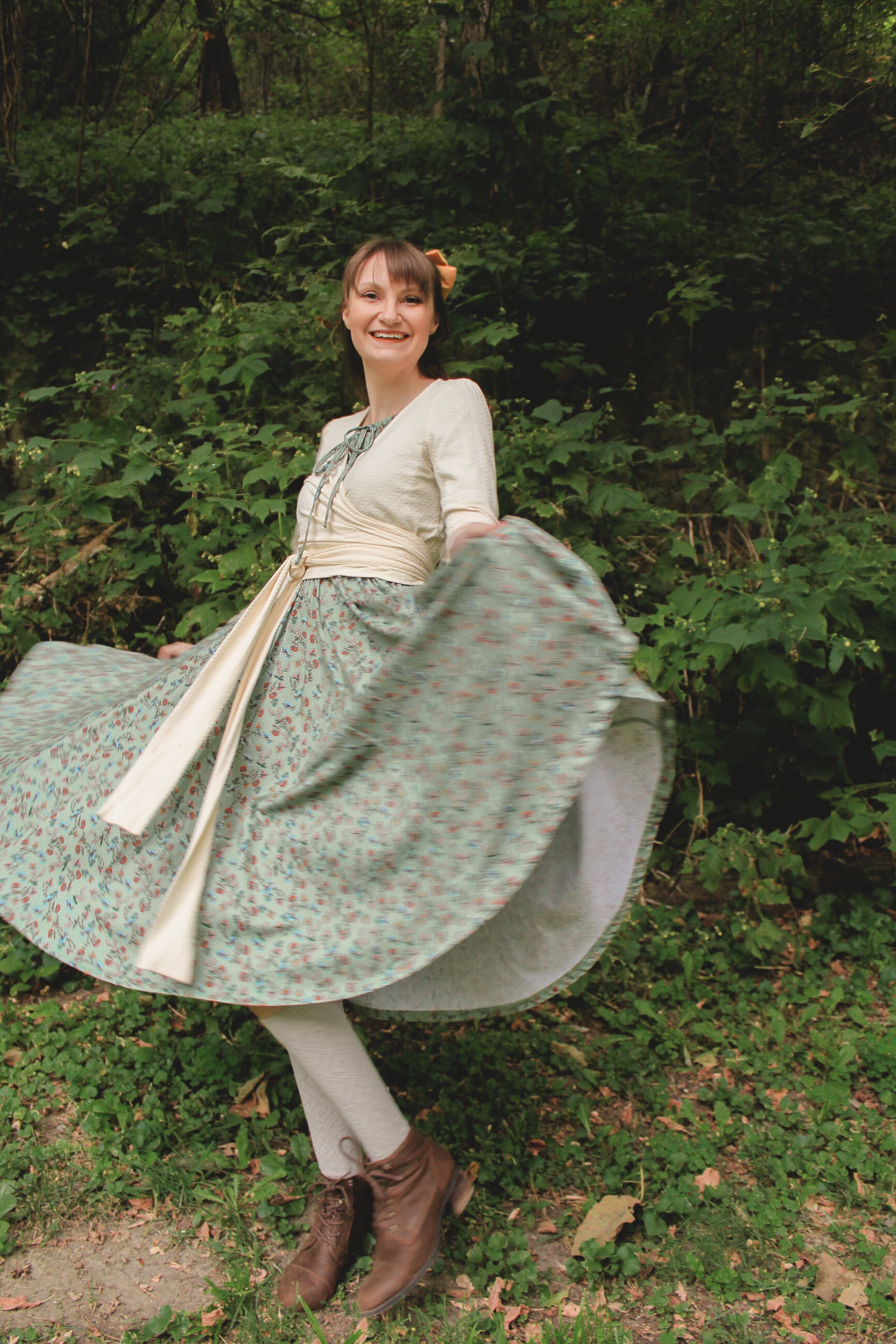 Woman in modest nursing floral dress