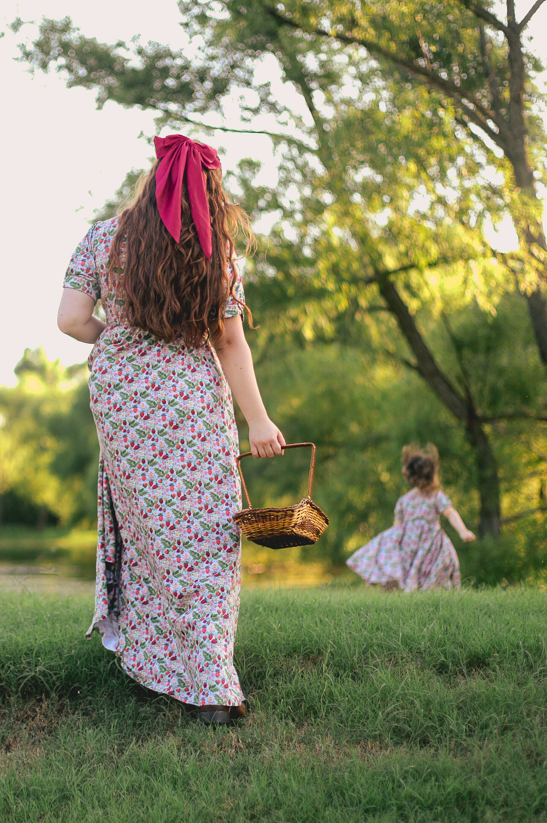 Woman in a floral modest nursing dress