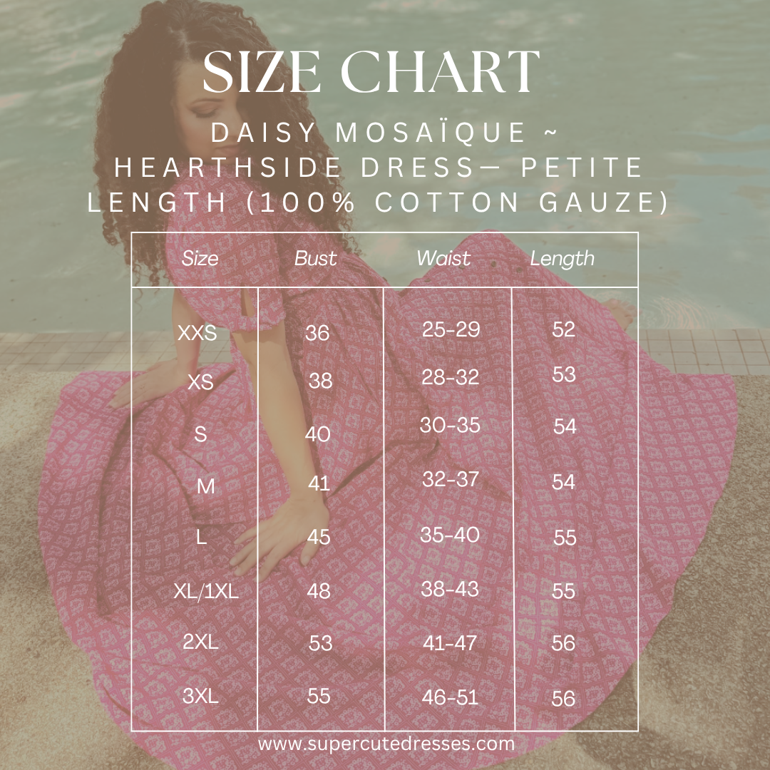 Size chart for Daisy Mosaçque Hearthside Dress with a model wearing a modest nursing dress.