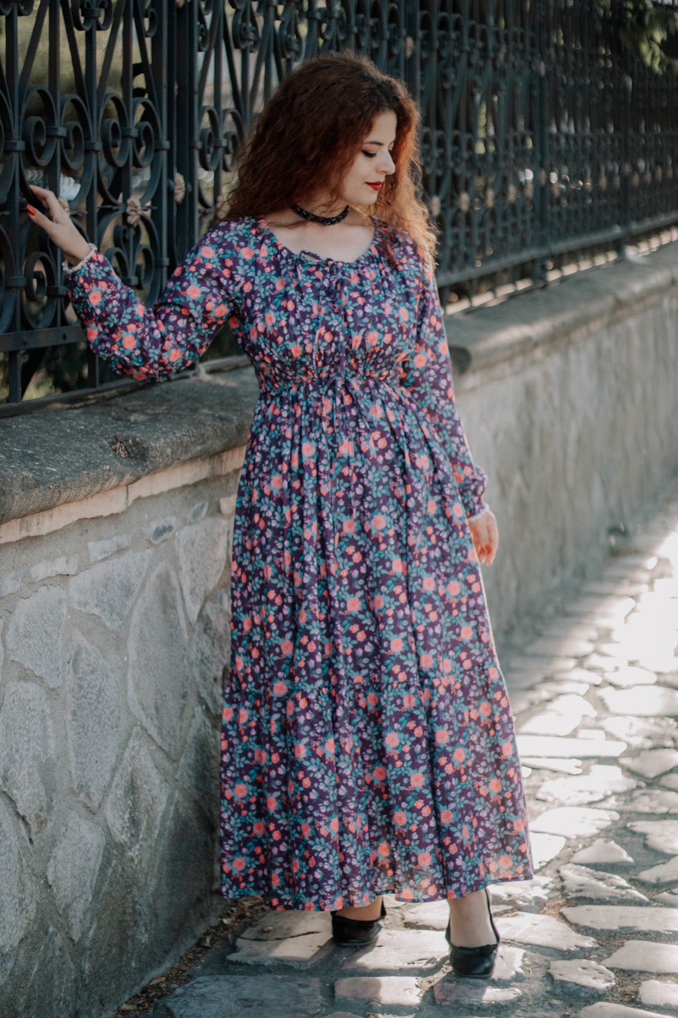 modest nursing floral dress by gate