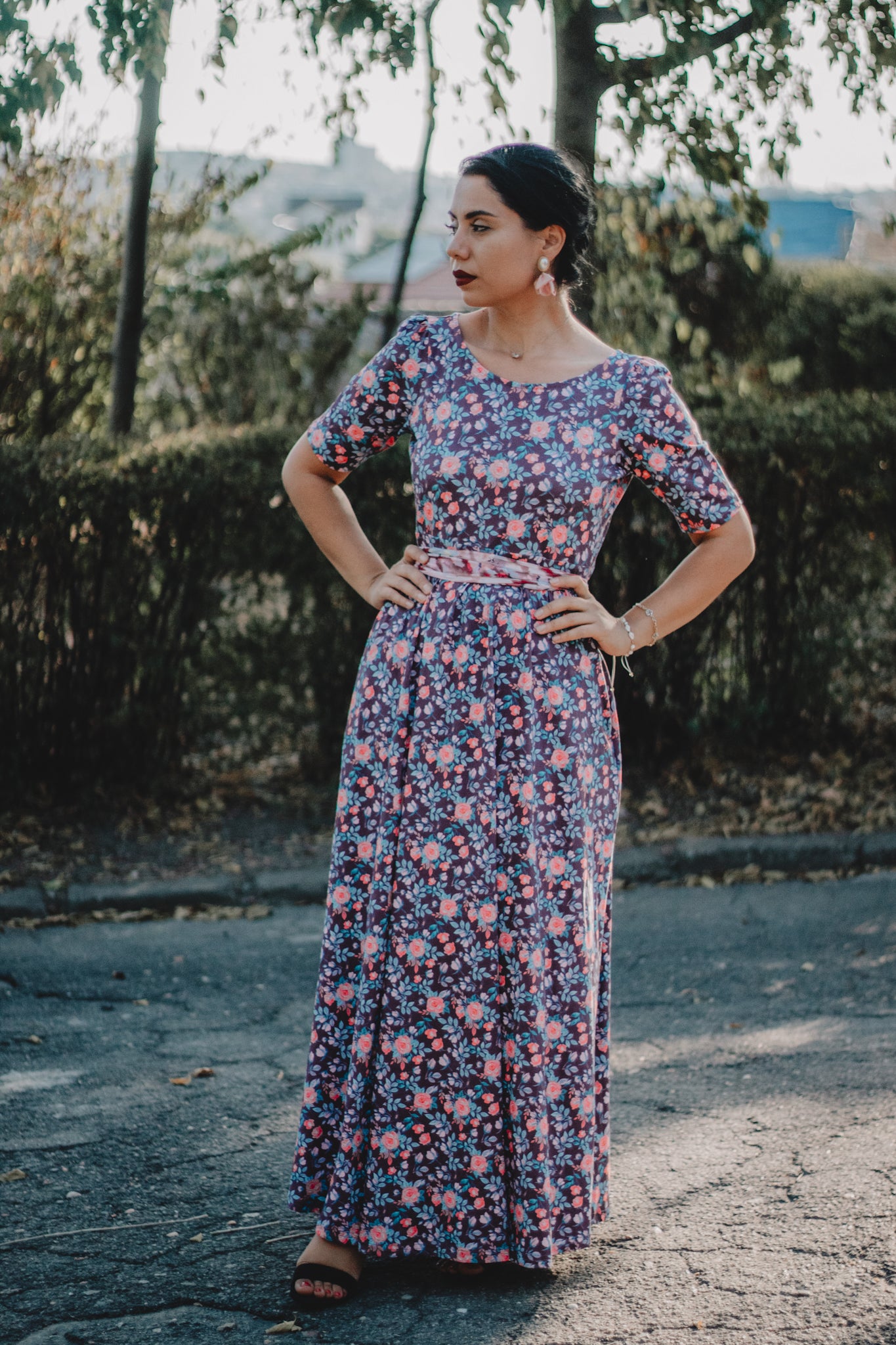 woman wearing a modest nursing floral dress