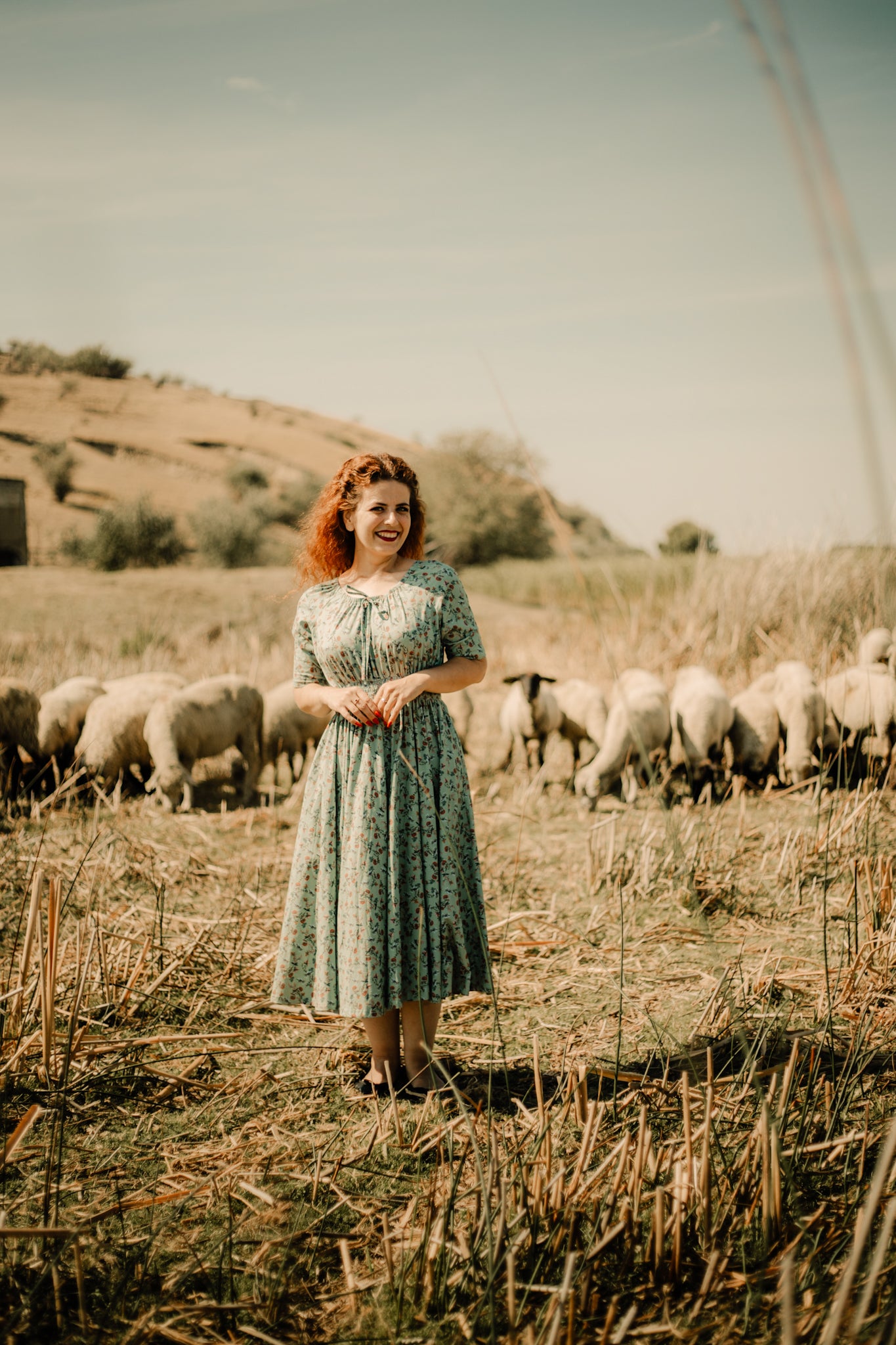 Woman in a dress standing in a field with sheep