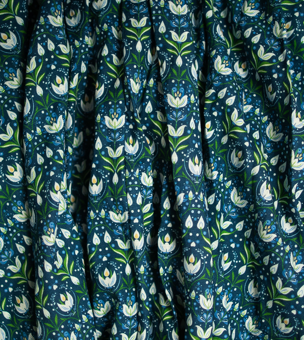 Blue fabric with white floral pattern