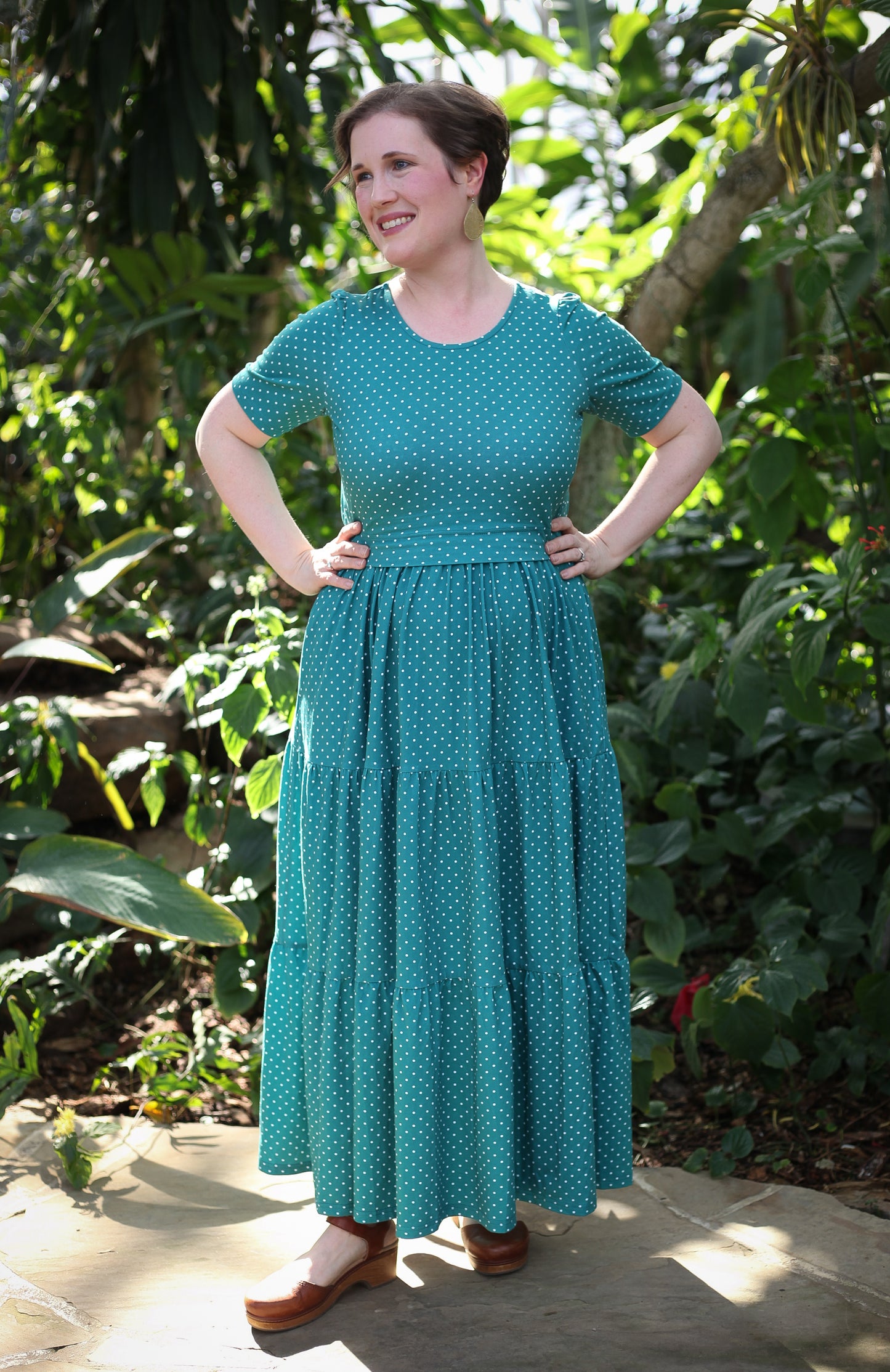 woman wearing modest nursing dress