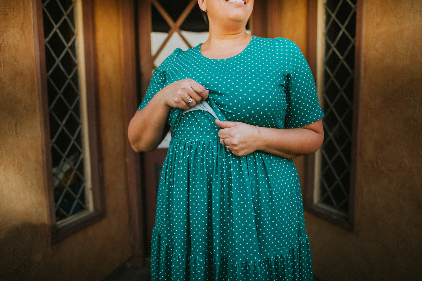 woman wearing modest nursing dress
