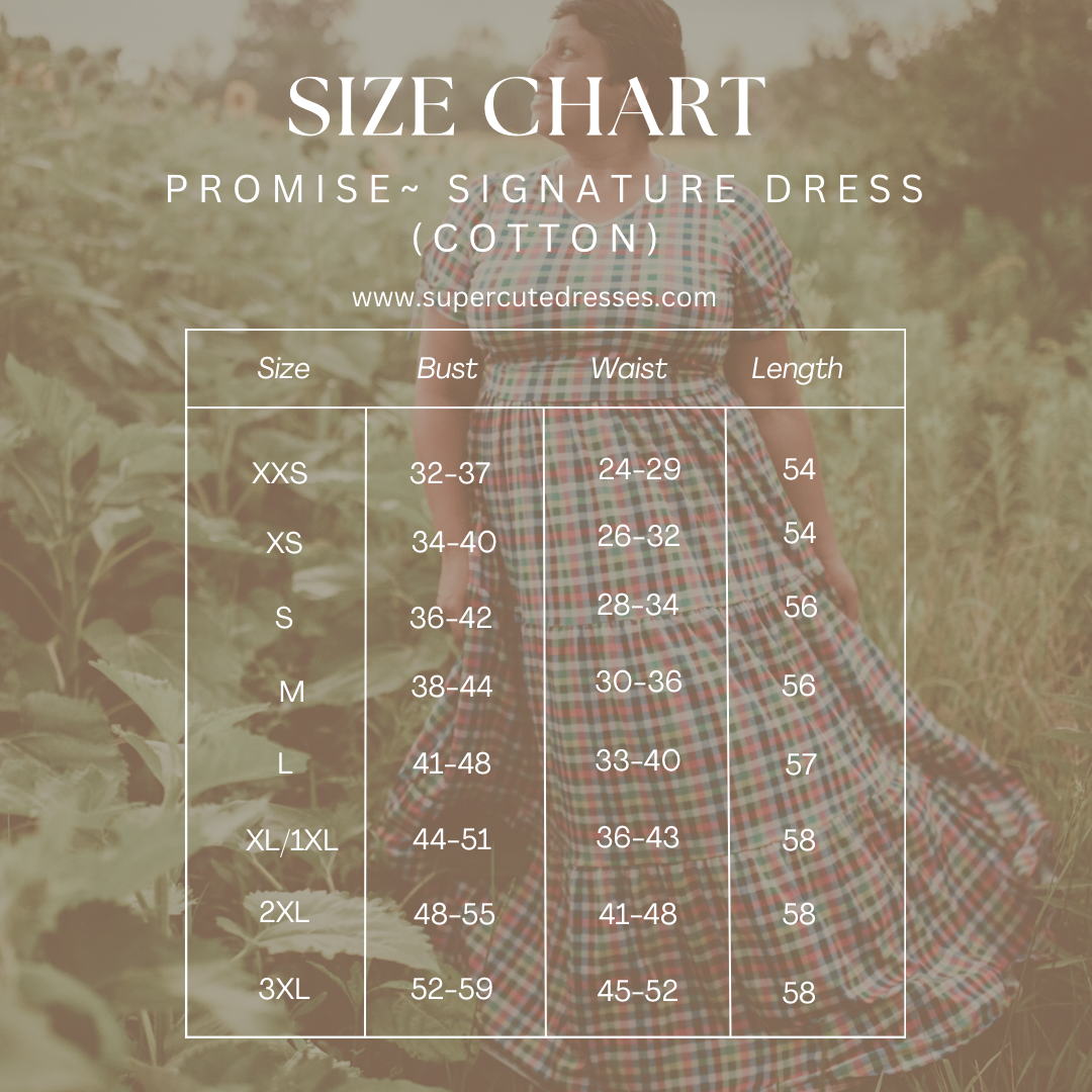 Size chart for a dress with a blurred background of a person wearing a plaid dress.