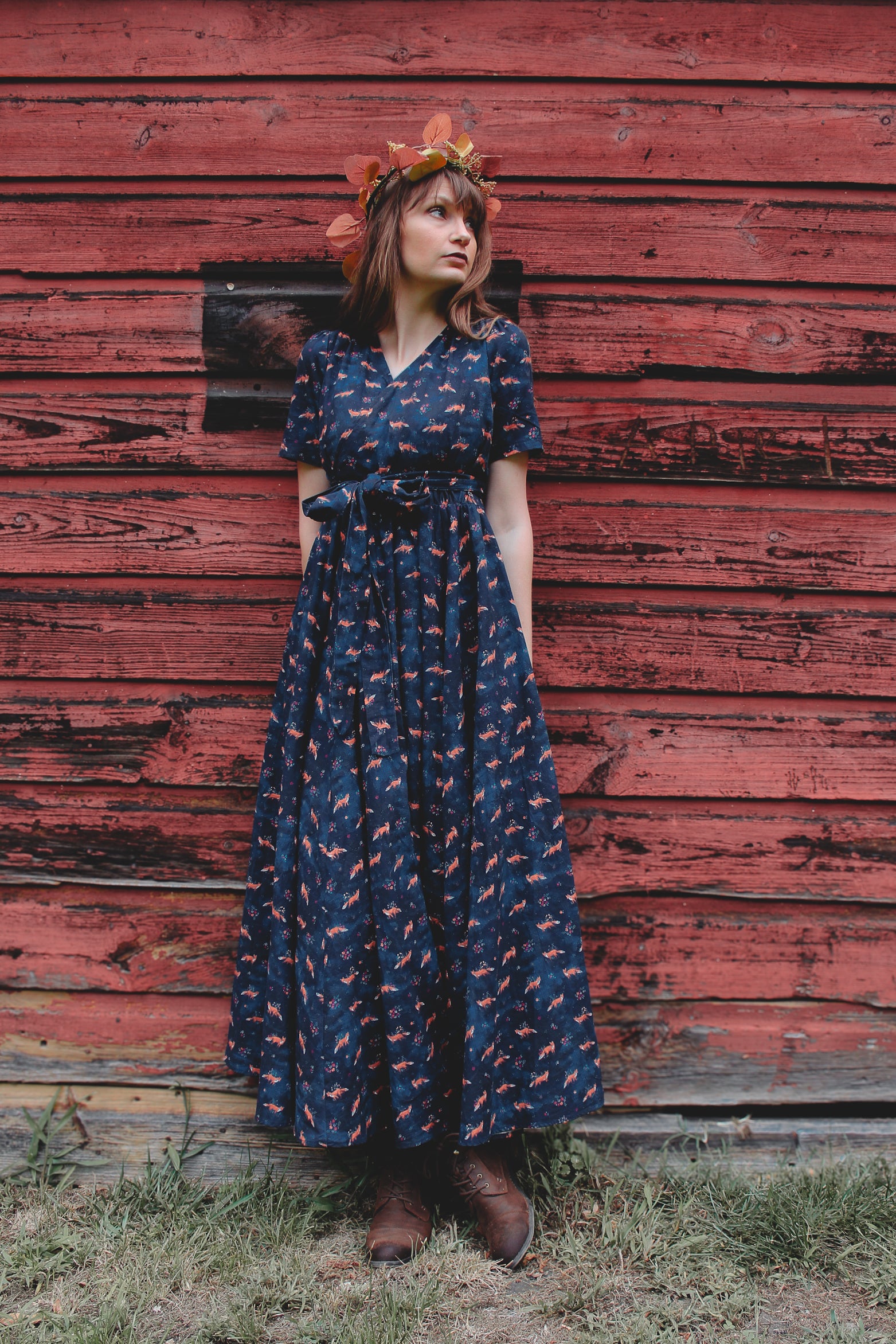 Woman in modest nursing dress, blue floral