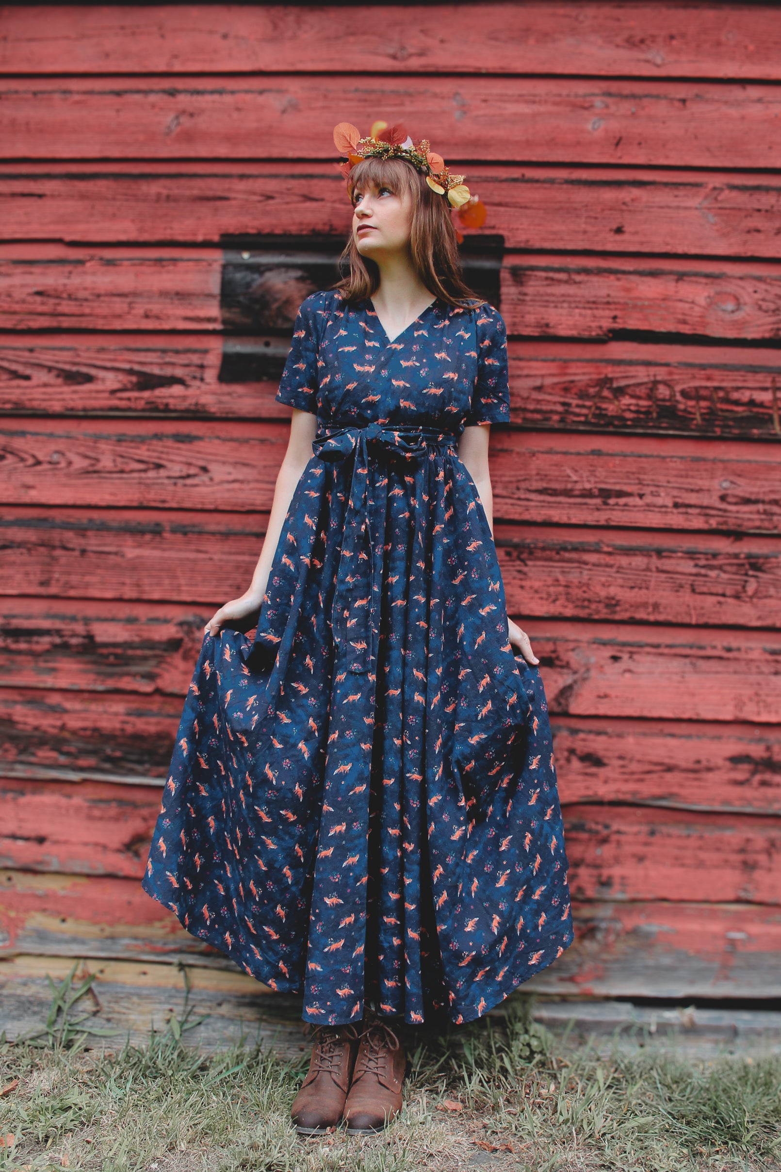 Woman in modest nursing dress, blue fox pattern