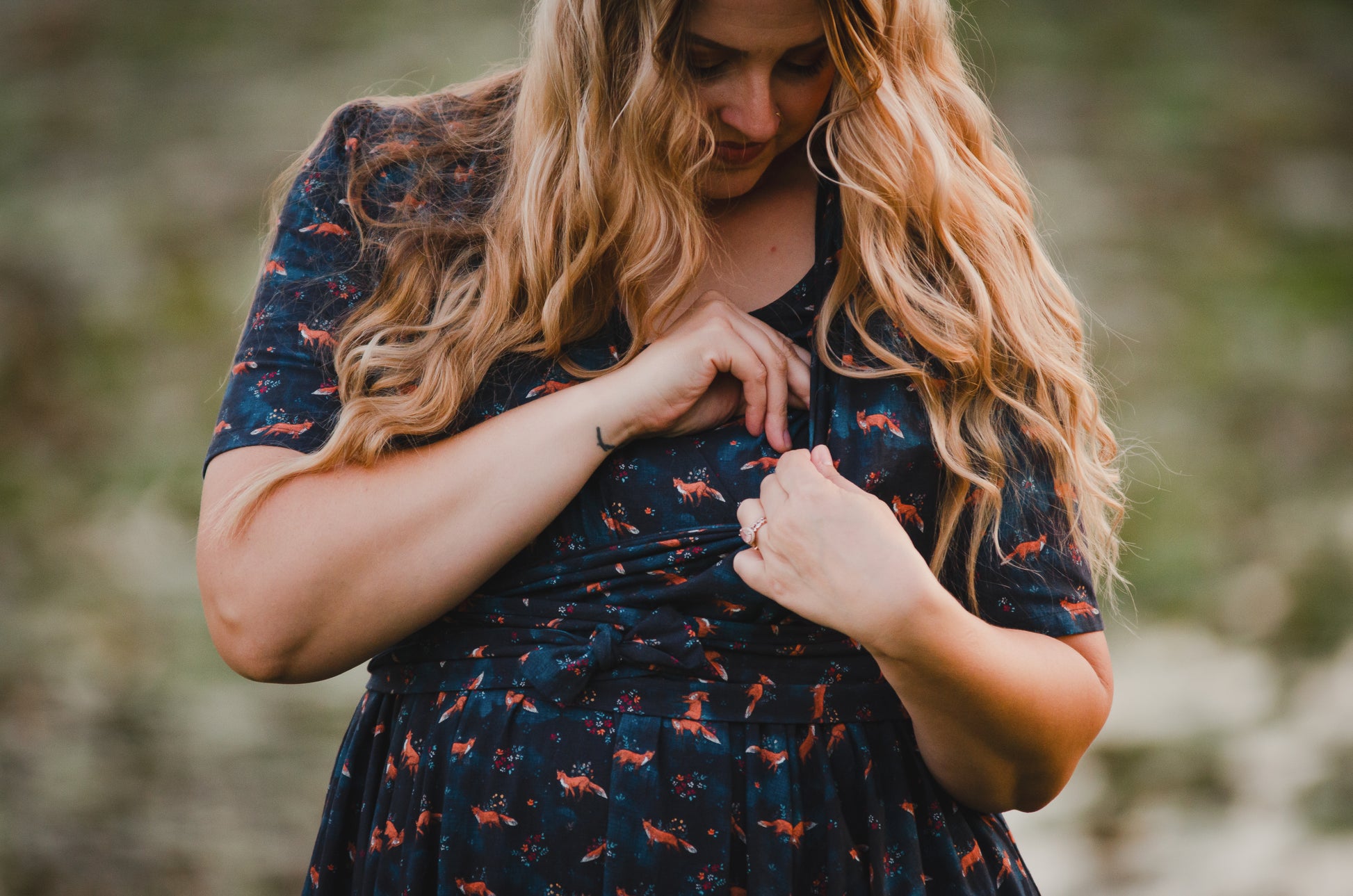 Woman in modest nursing dress outdoors