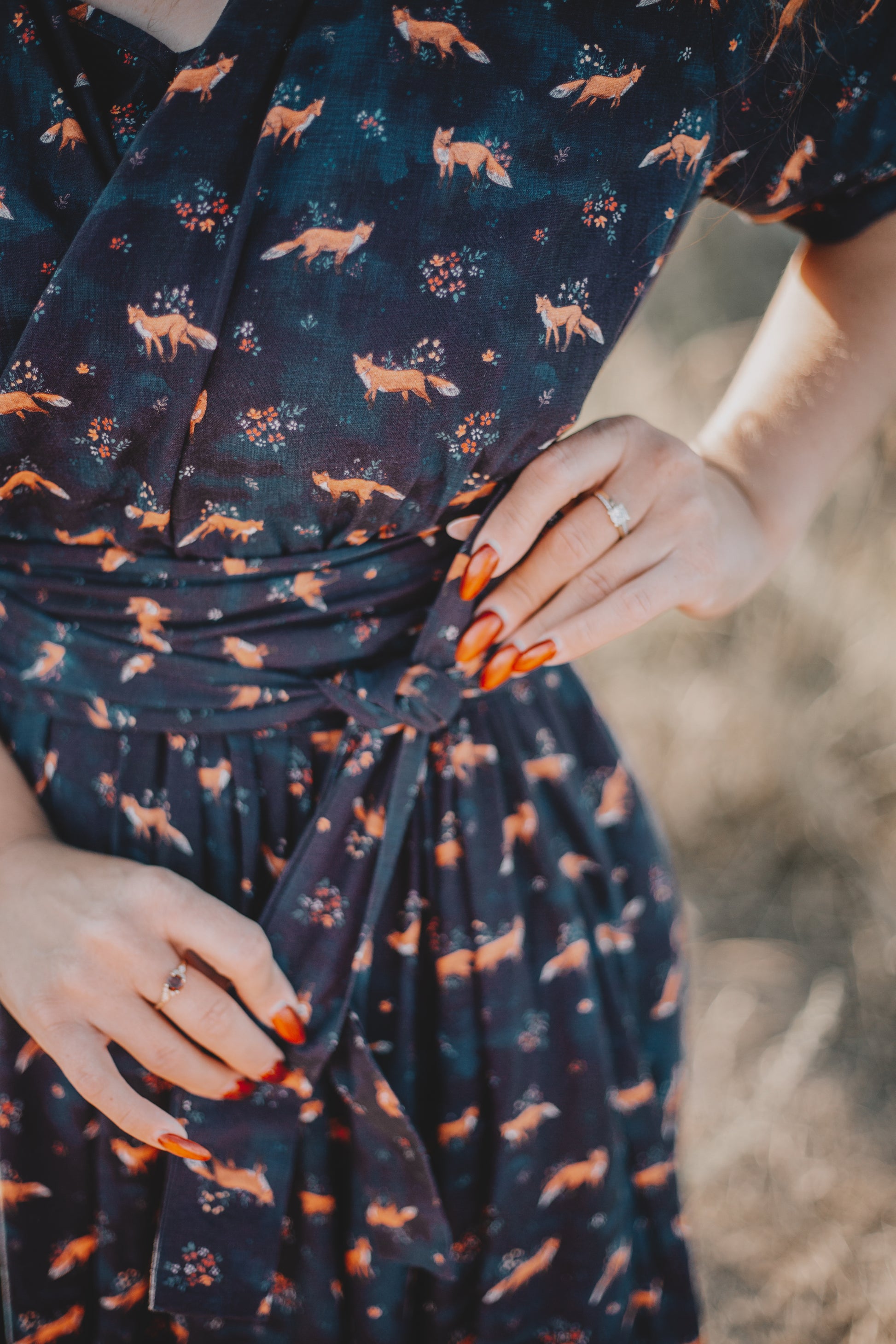 Woman in modest nursing dress, fox pattern