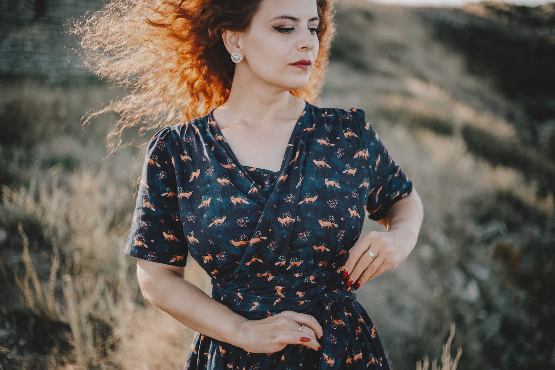 Woman in modest nursing dress with pattern