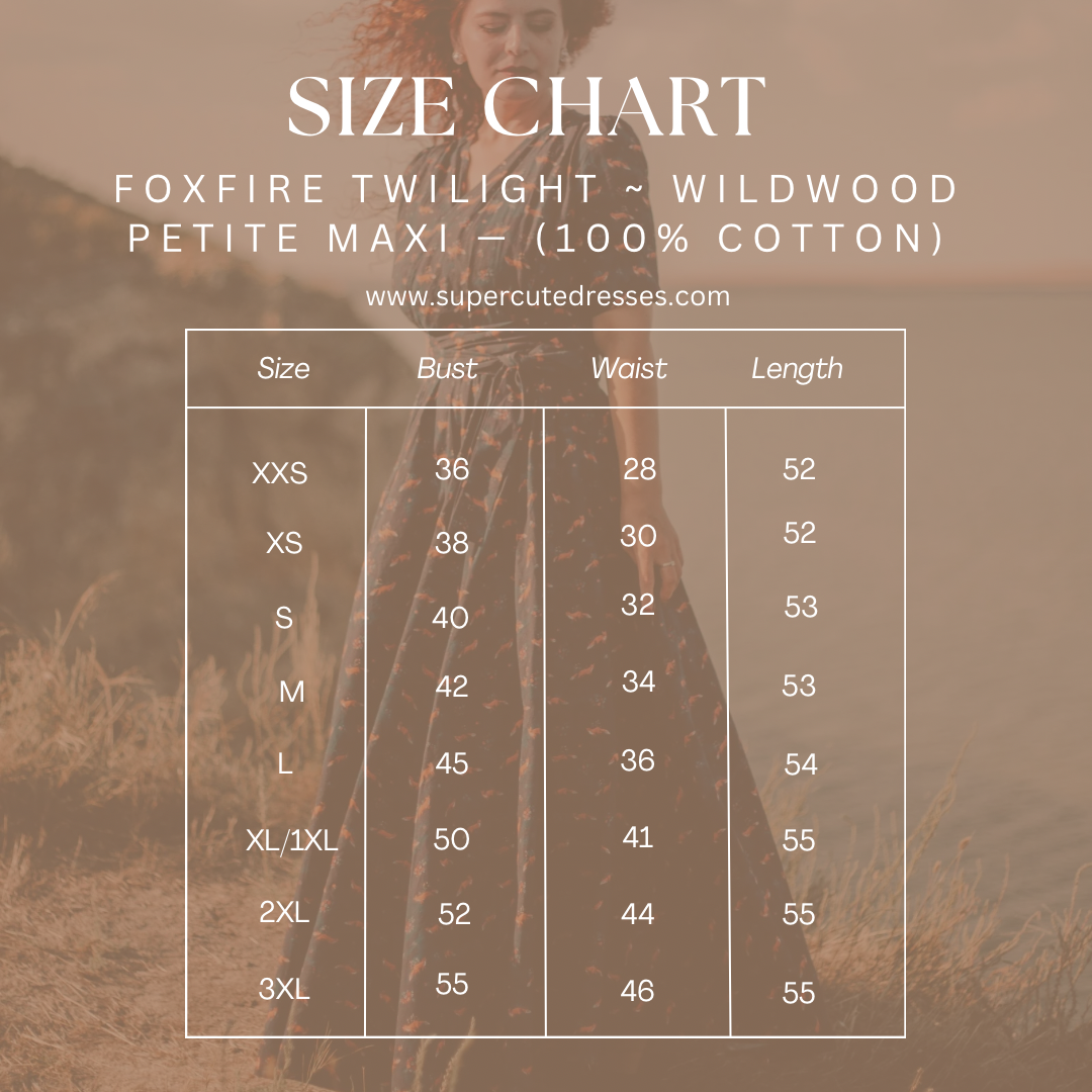 Size chart for Wildwood Maxi dress