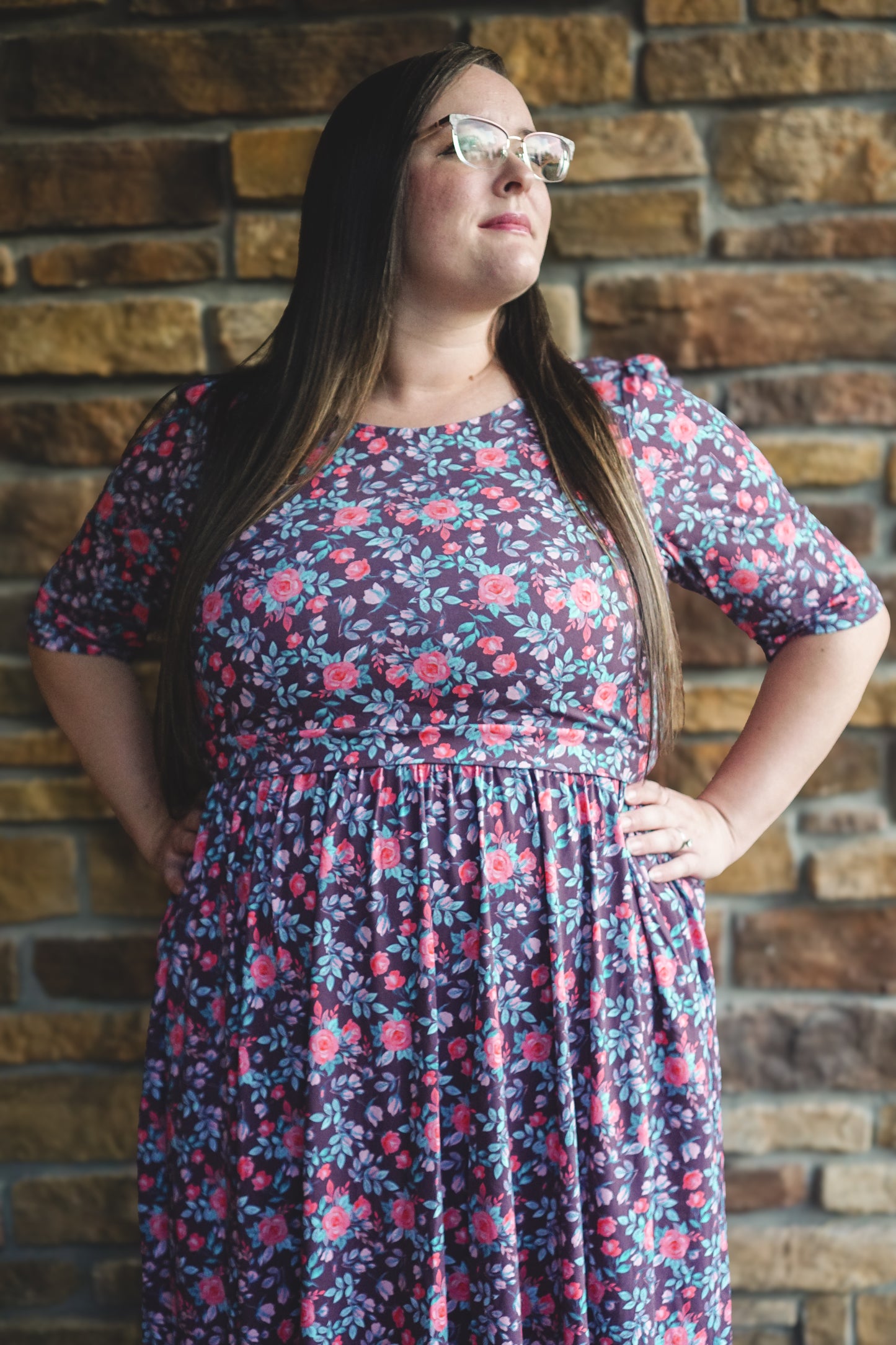 woman wearing a modest nursing floral dress