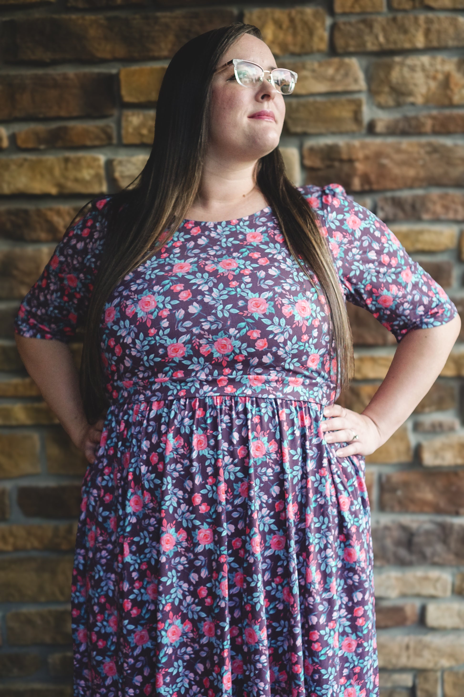 woman wearing a modest nursing floral dress