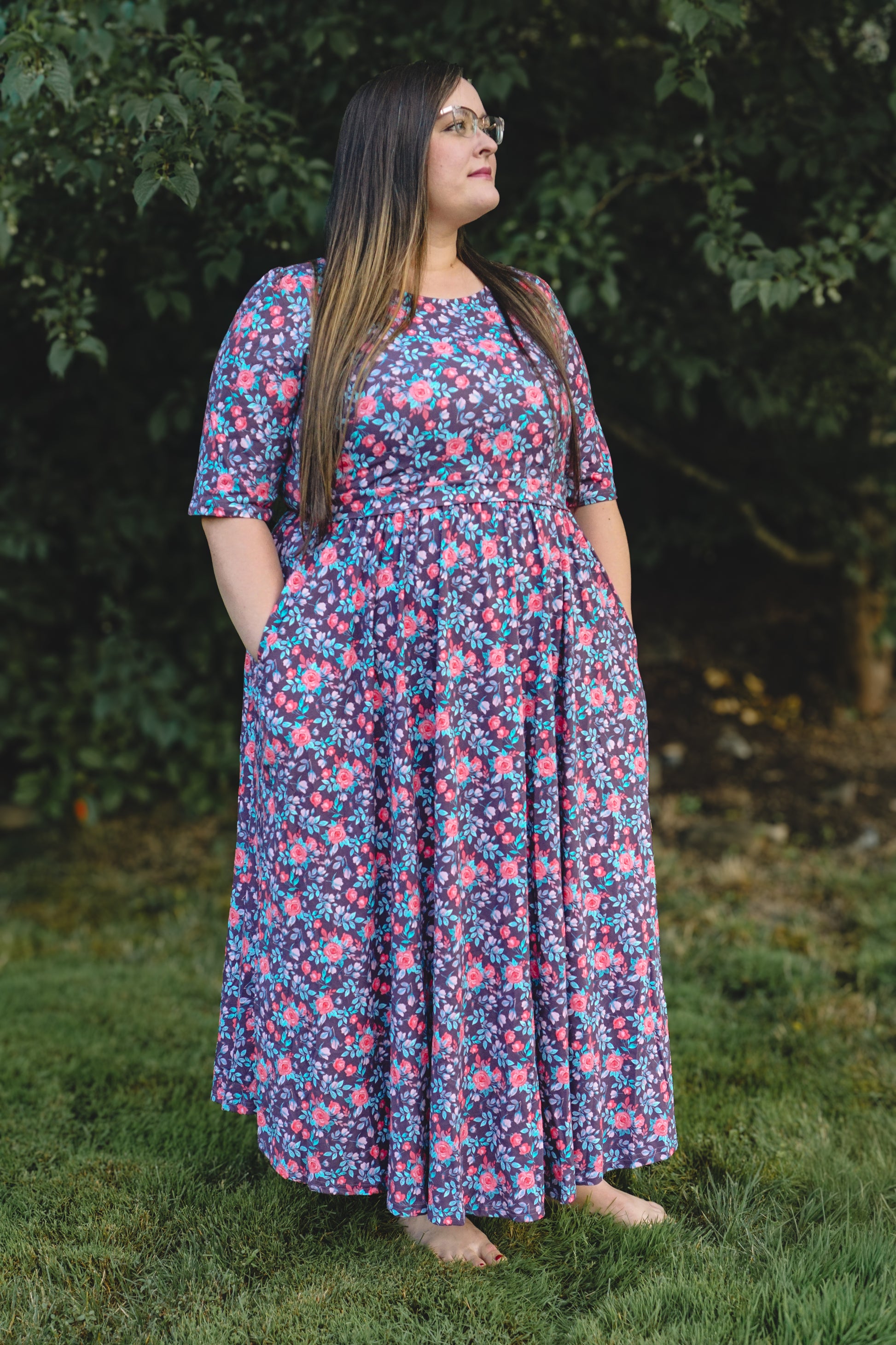woman wearing a modest nursing floral dress