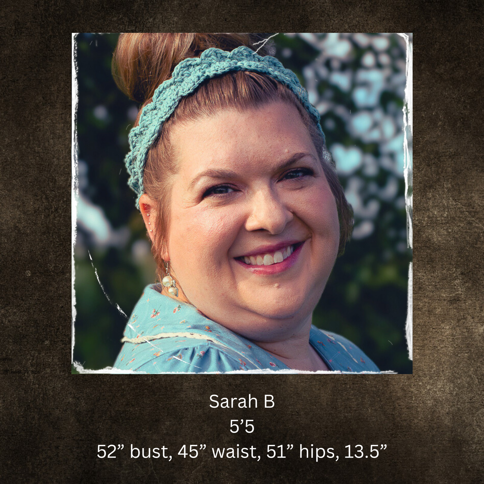 Woman wearing a teal headband with text about her measurements on a brown background