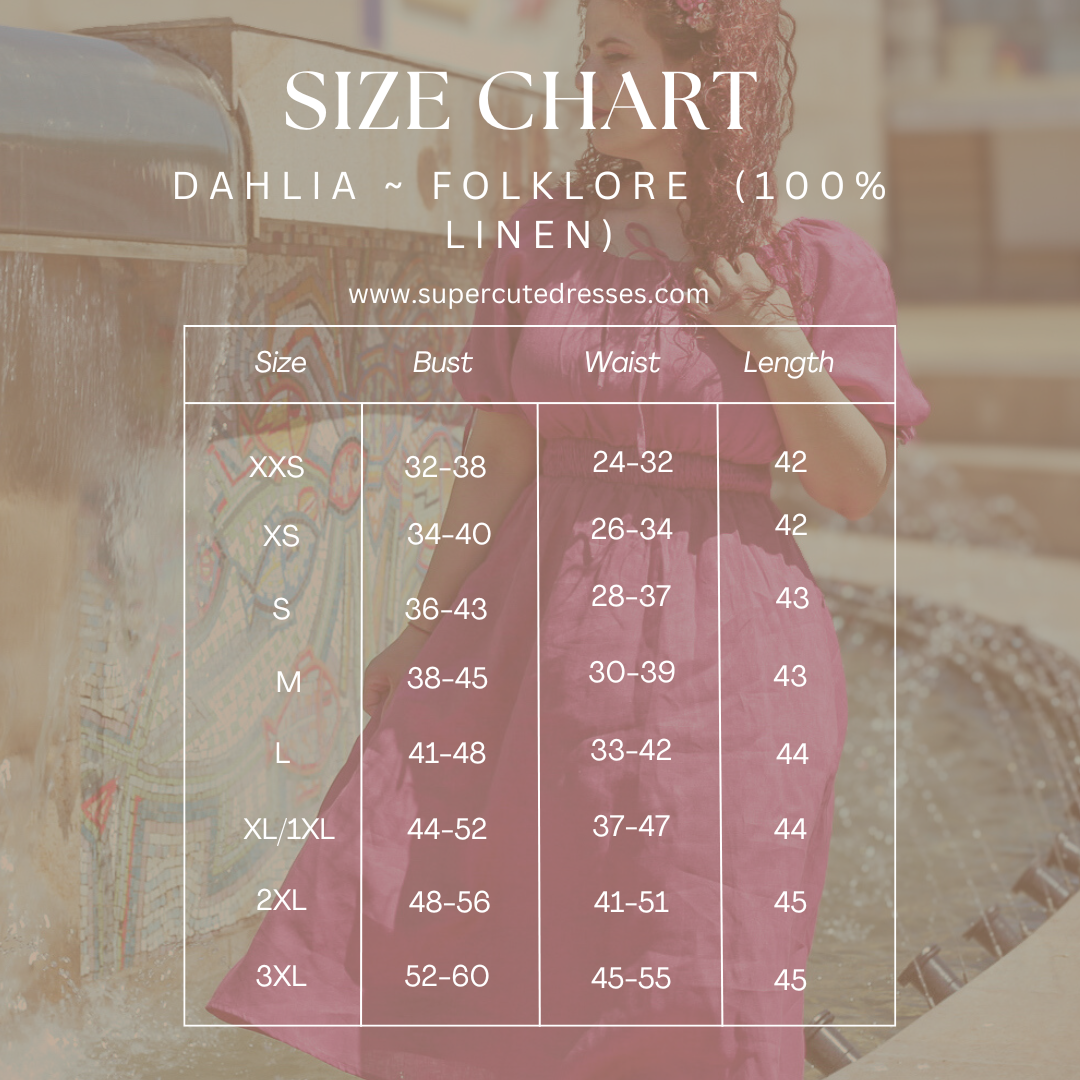 Size chart for a dress with measurements in inches, overlaid on an image of a woman wearing a pink modest nursing dress.