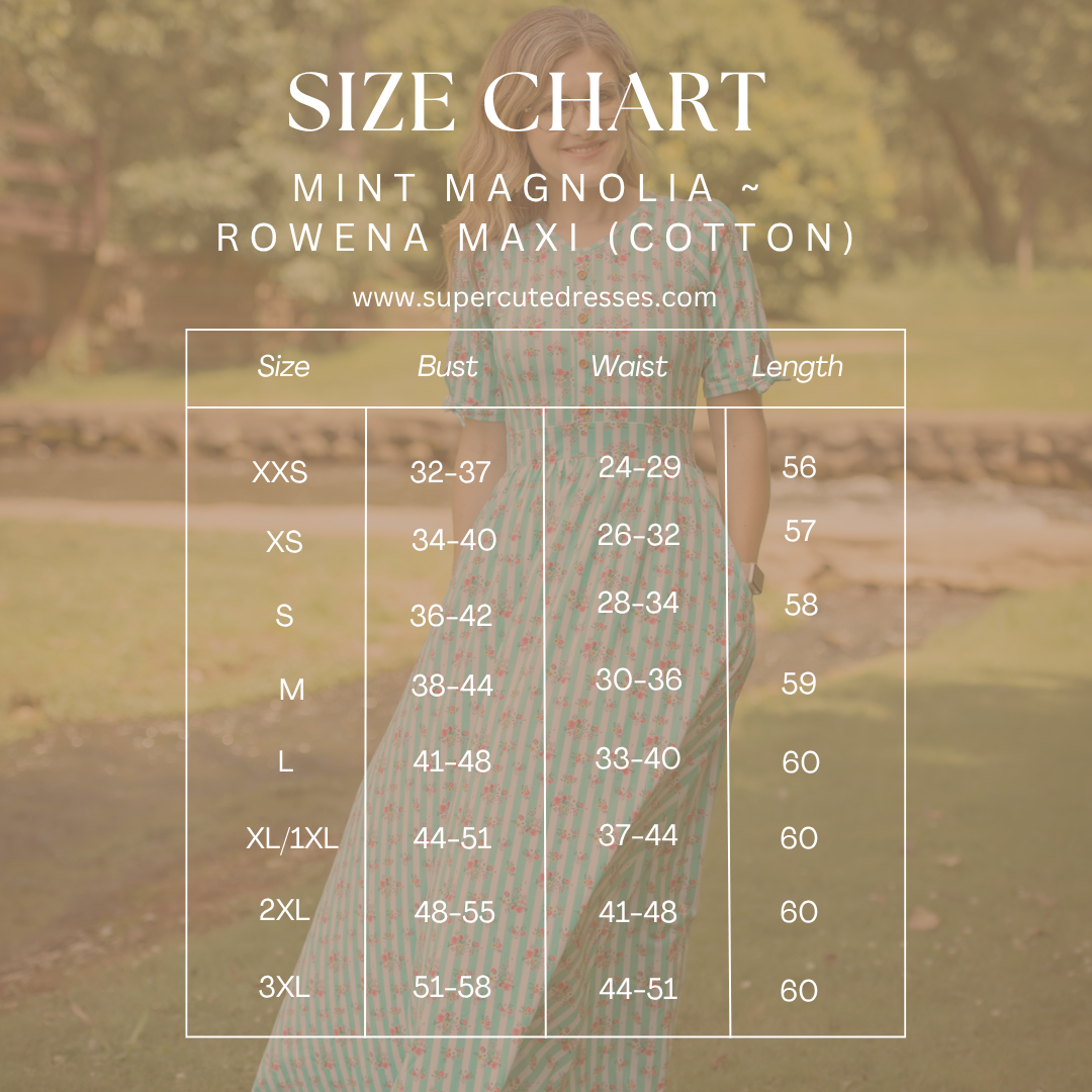 Size chart overlay on a blurred background of a woman wearing a modest dress.