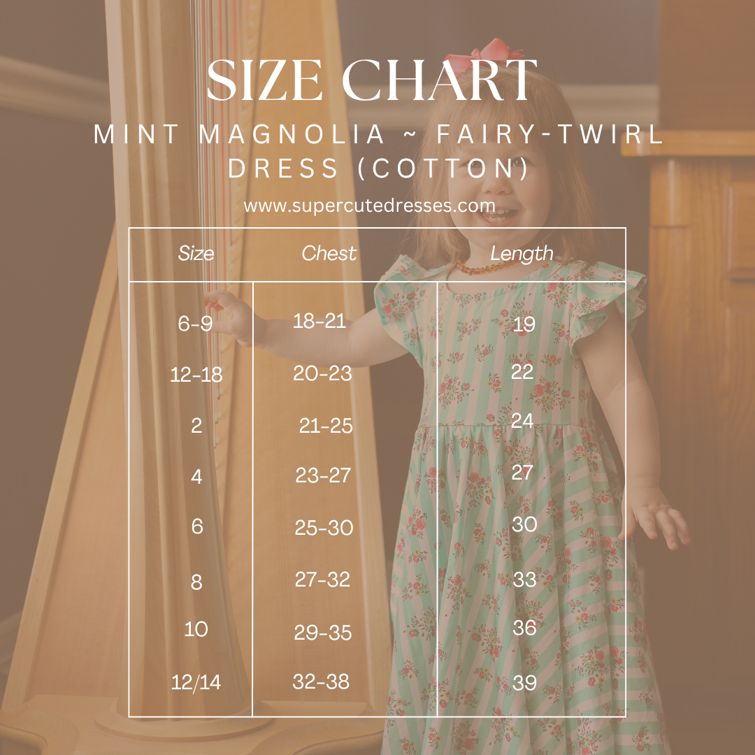 Size chart for a Mint Magnolia Fairy-Twirl Dress with a child wearing the dress in the background.