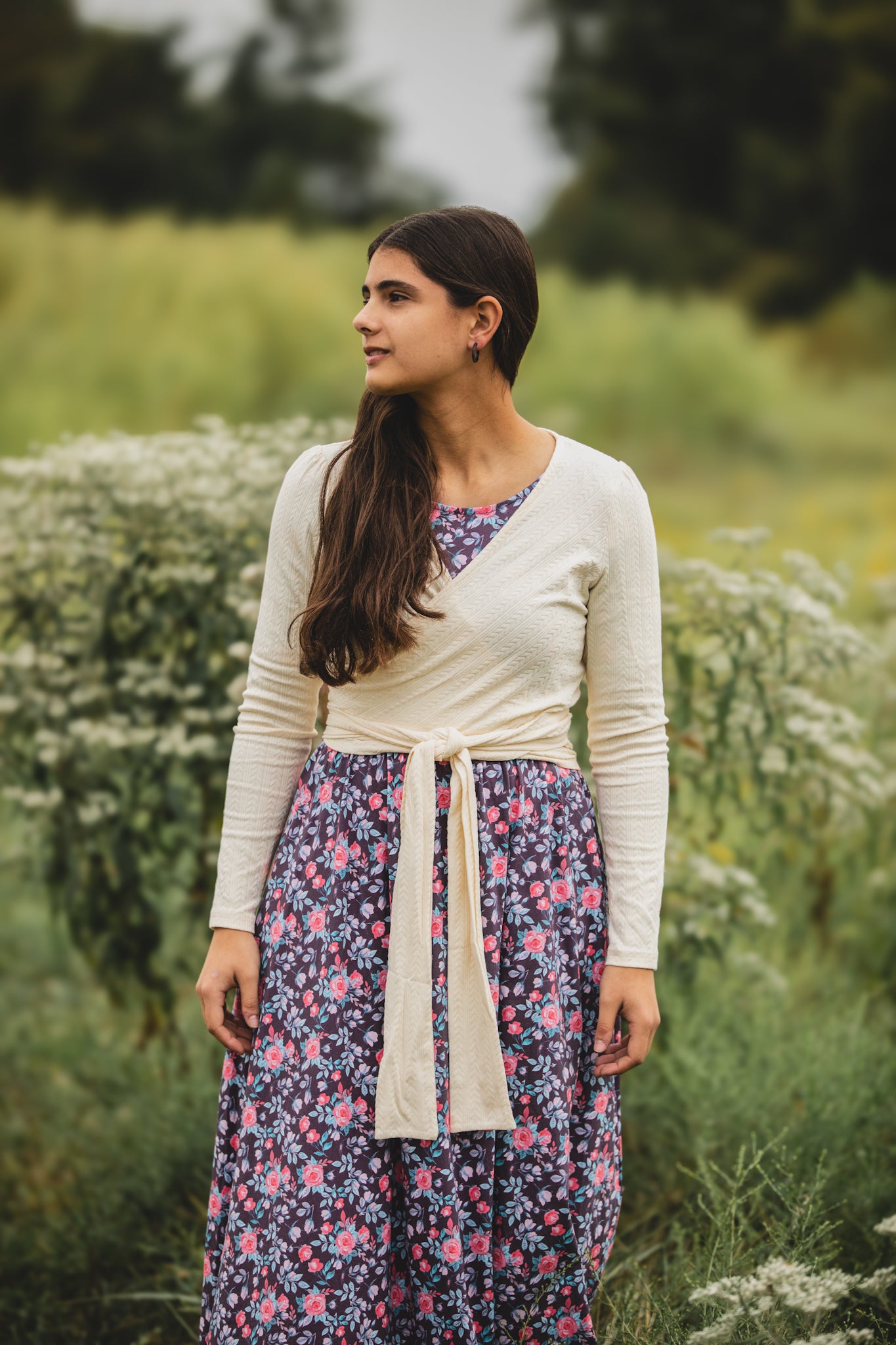 woman wearing a modest nursing floral dress