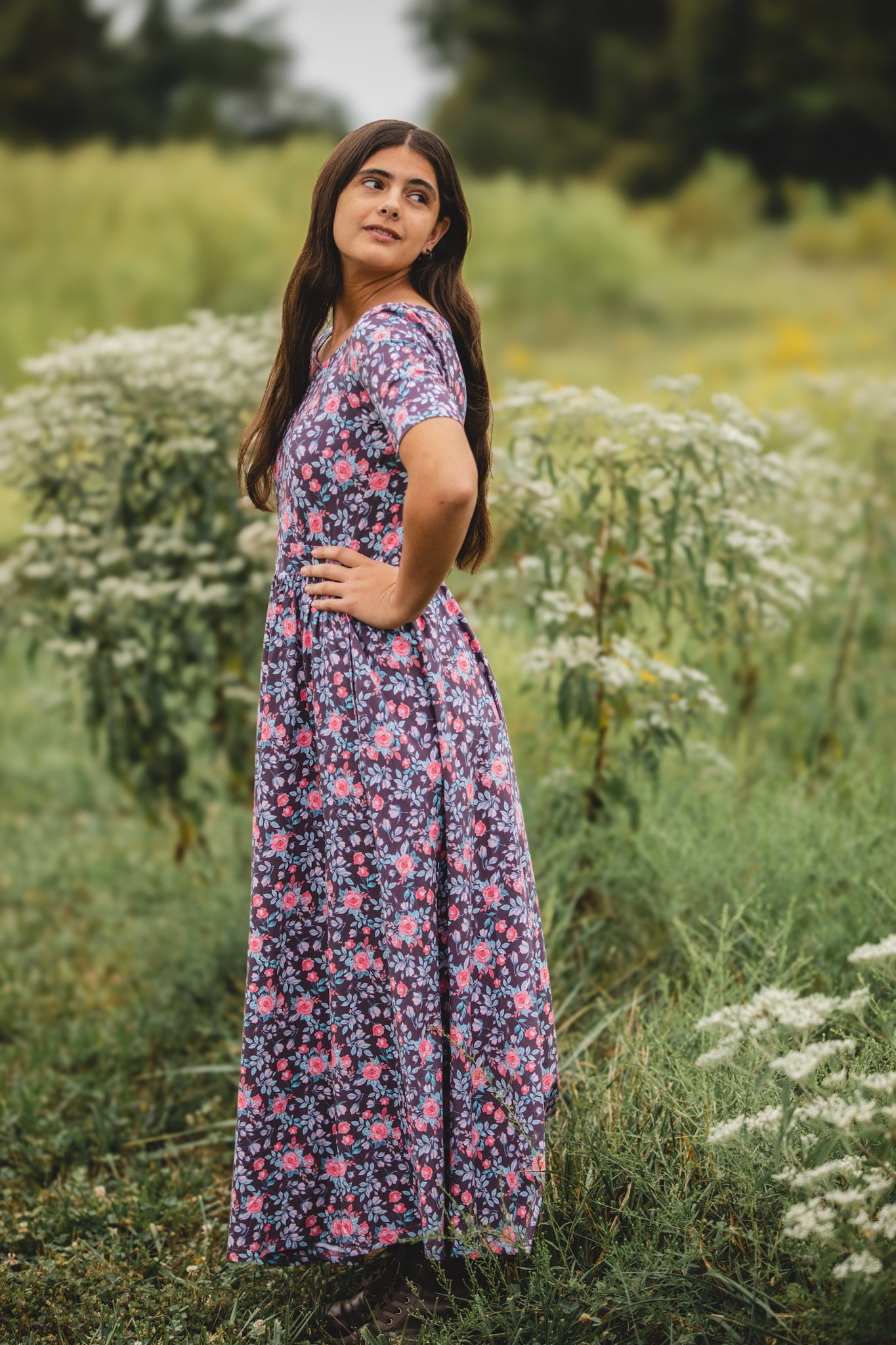 woman wearing a modest nursing floral dress