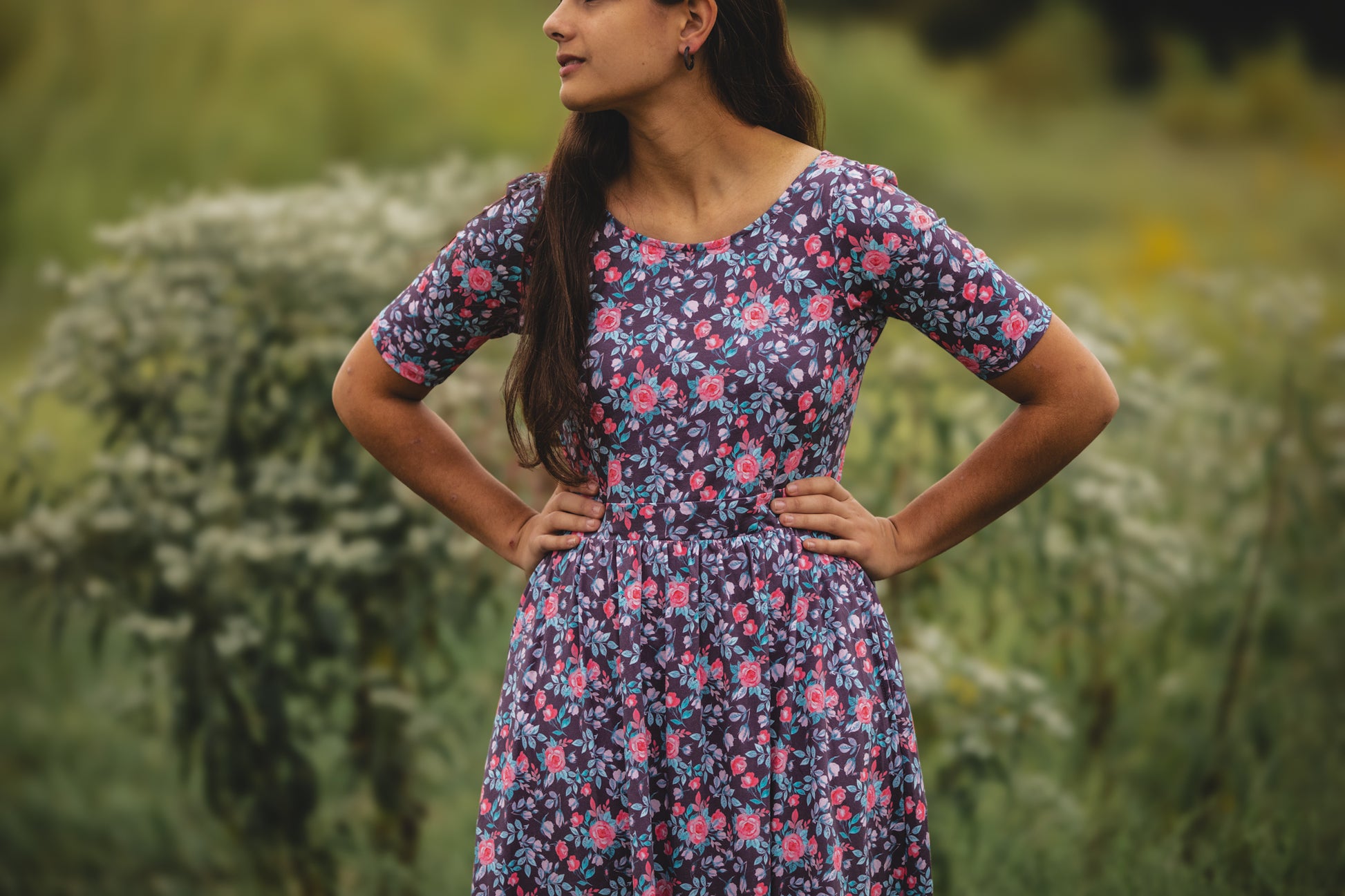 woman wearing a modest nursing floral dress
