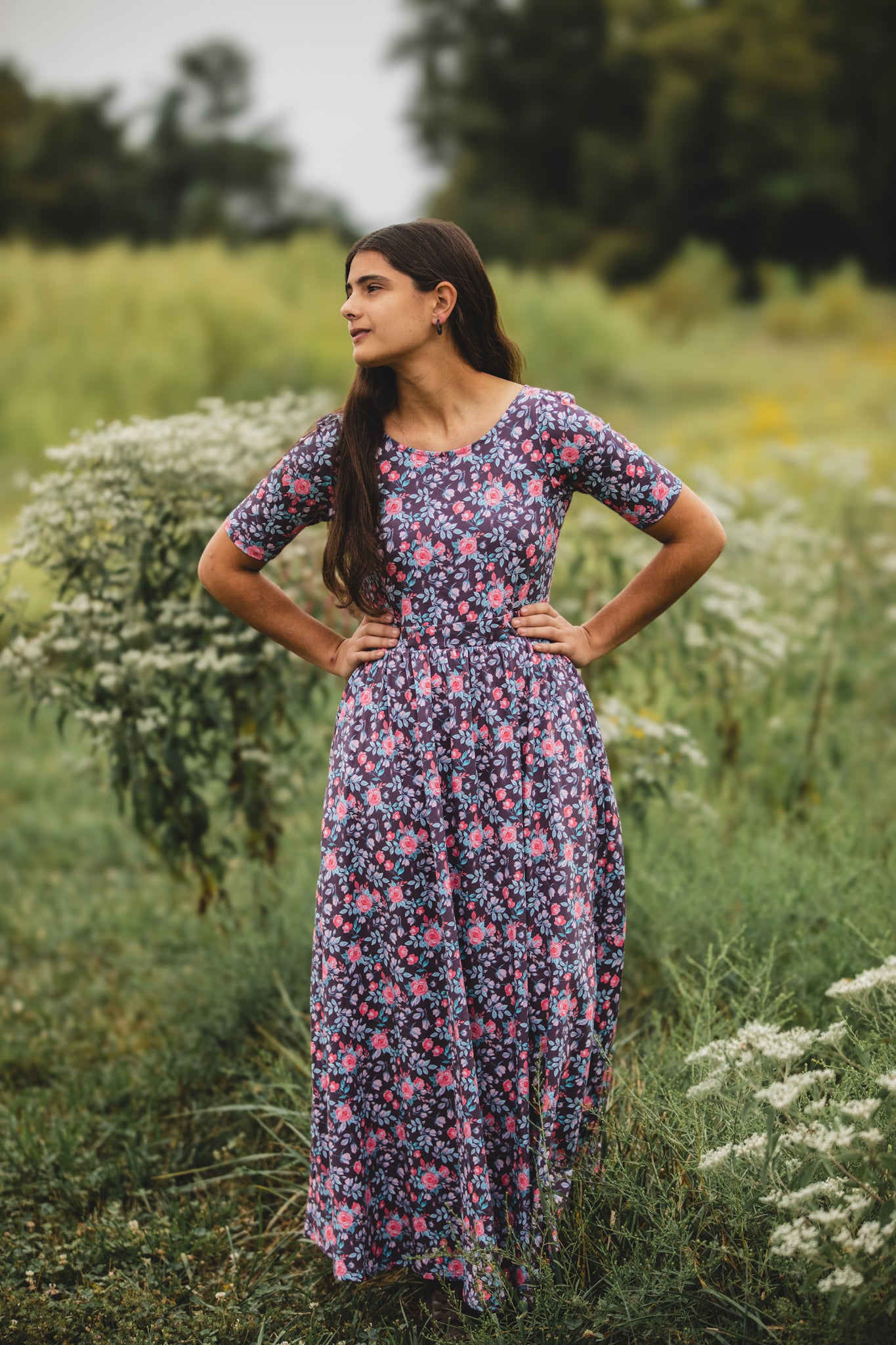 woman wearing a modest nursing floral dress